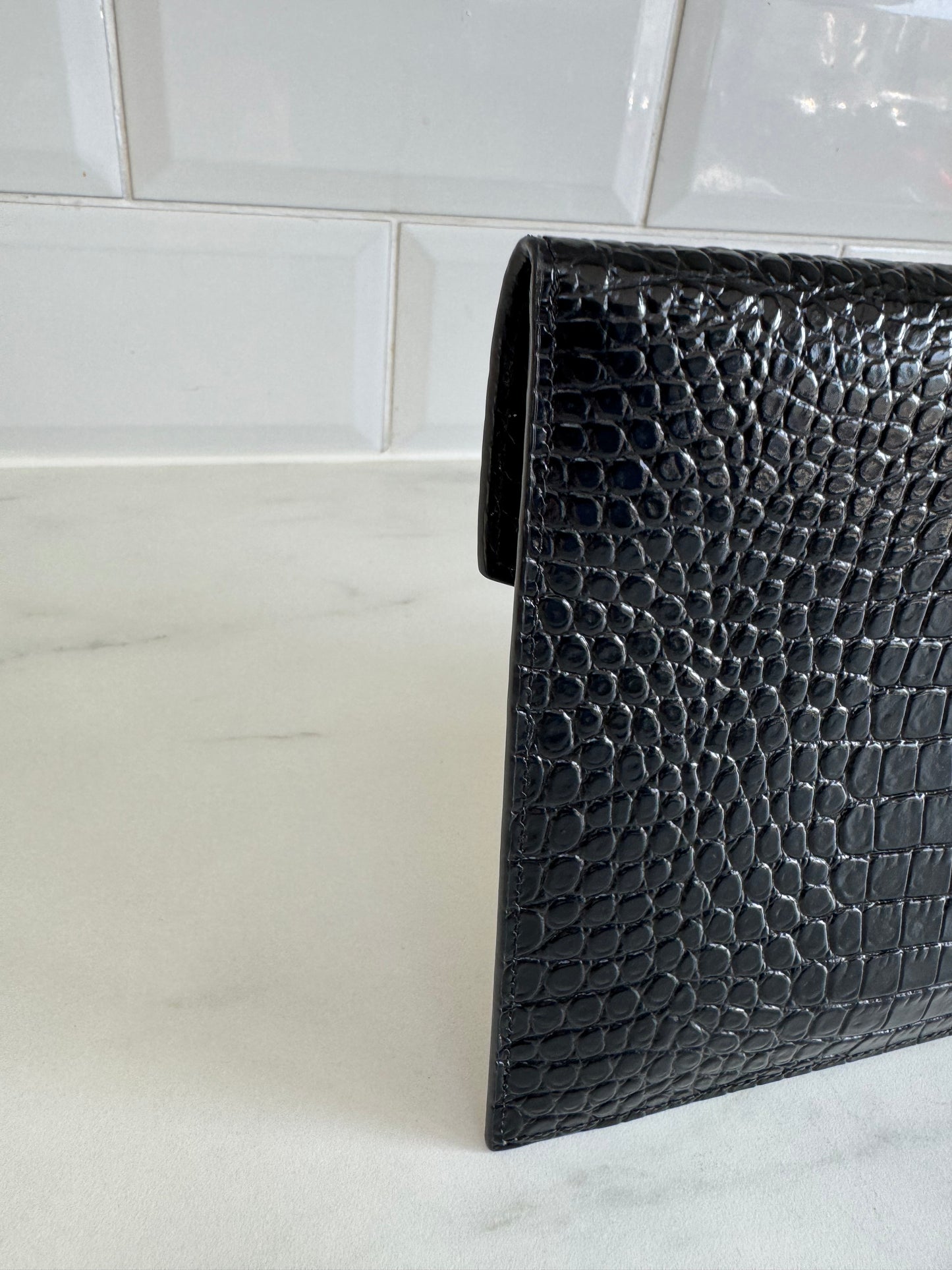 Saint Laurent (YSL) Croc Embossed Uptown Envelope Pouch - Black