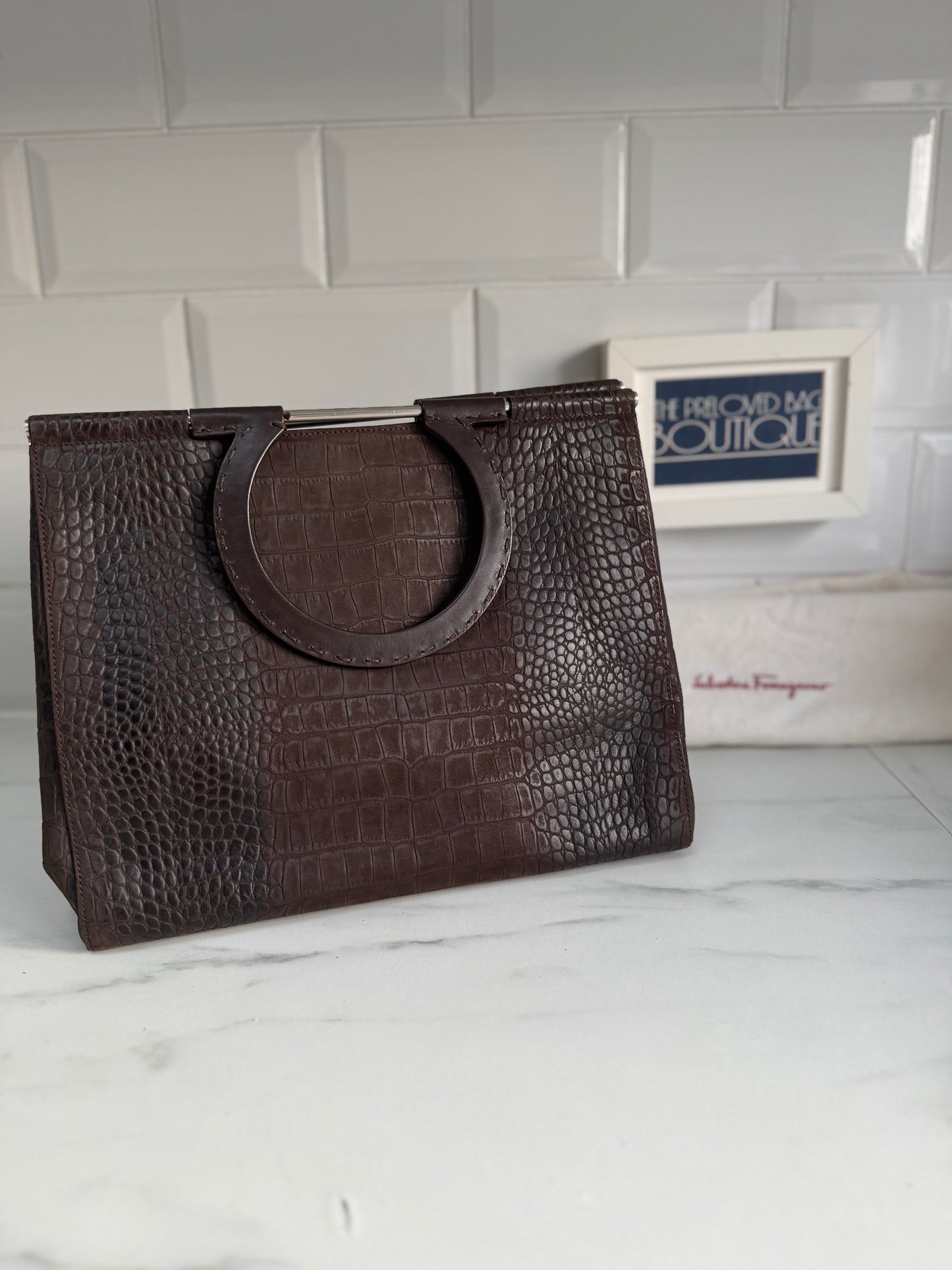 Salvatore Ferragamo Croc Embossed Tote - Chocolate brown