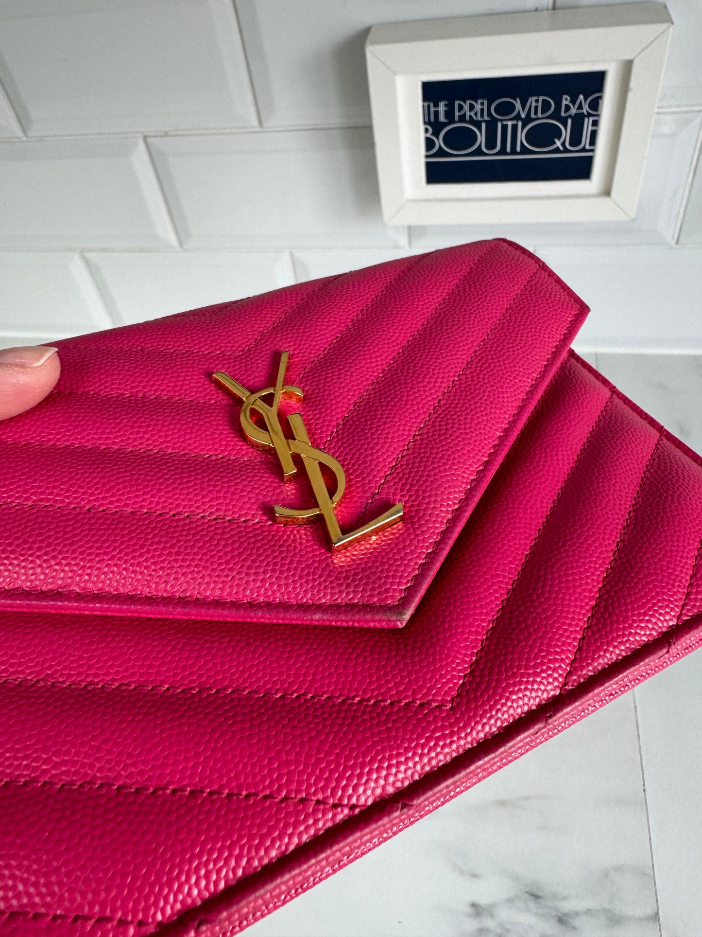 YSL/Saint Laurent Paris Cassandre Envelope Chain Wallet - Fuschia Pink