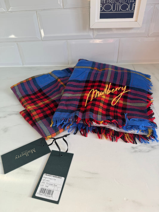 Mulberry Bright Check Light Wool Shawl/Scarf - Porcelain Blue, Yellow, Red and Black