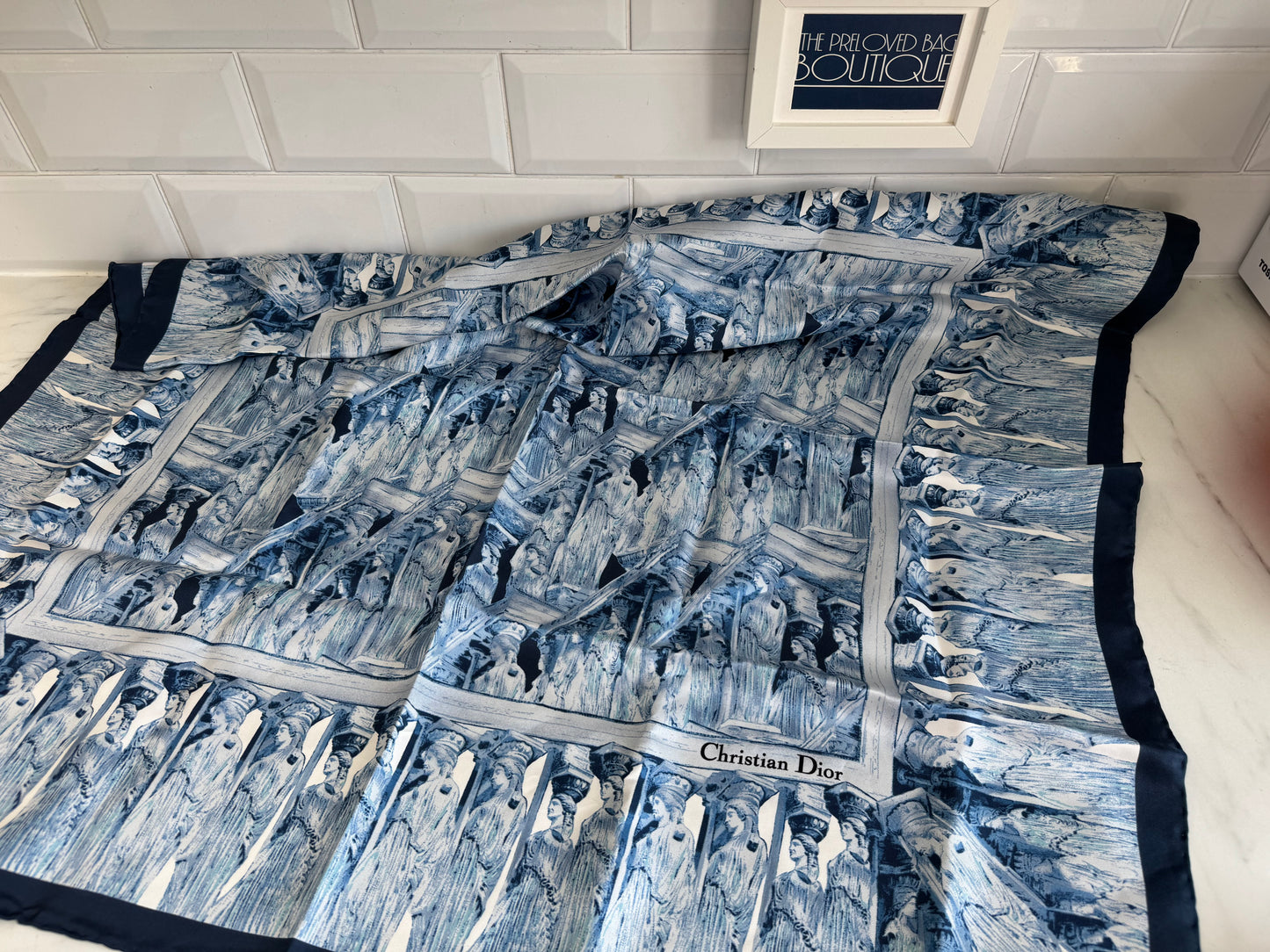 Christian Dior Square Silk Scarf - Navy and White