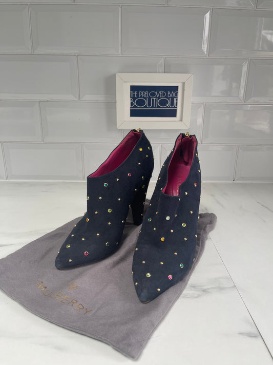 Mulberry Navy Suede Shoe Boots with Multicolored Studded Gems