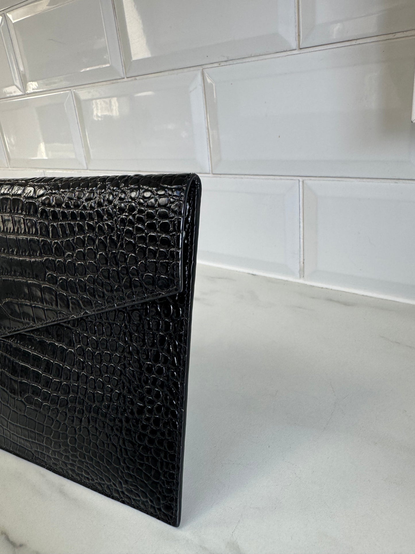 Saint Laurent (YSL) Croc Embossed Uptown Envelope Pouch - Black