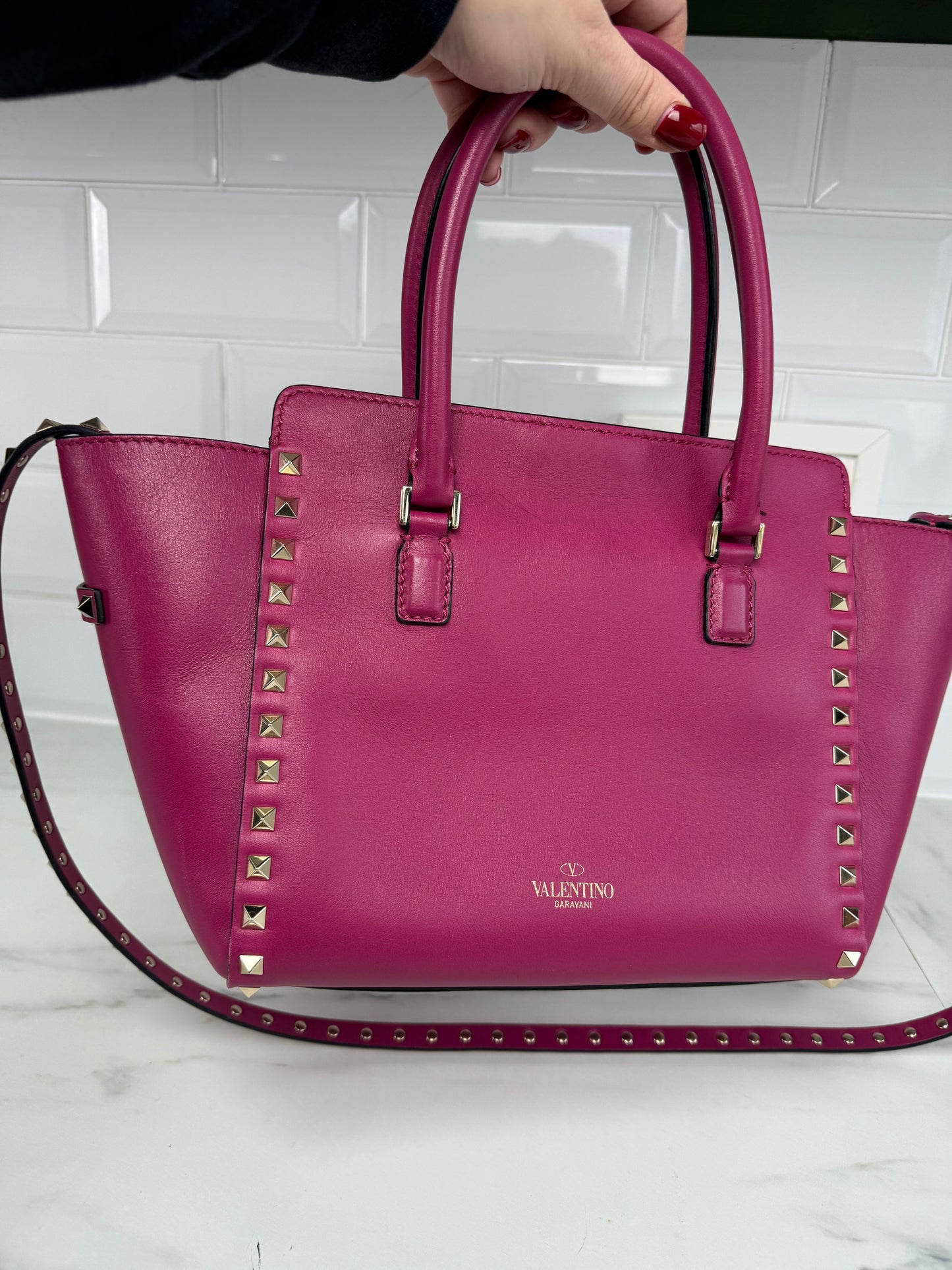 Valentino Rockstud Small Trapeze Tote - Magenta Pink