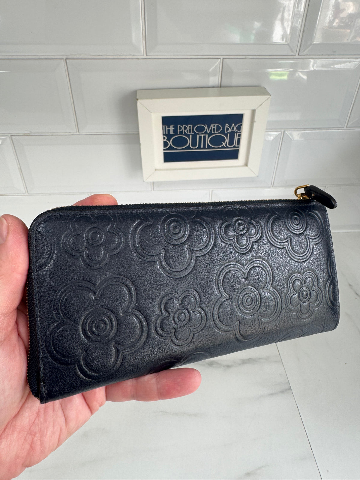 Mulberry Flower Embossed Long Zip around Purse and Card Holder - Navy Blue