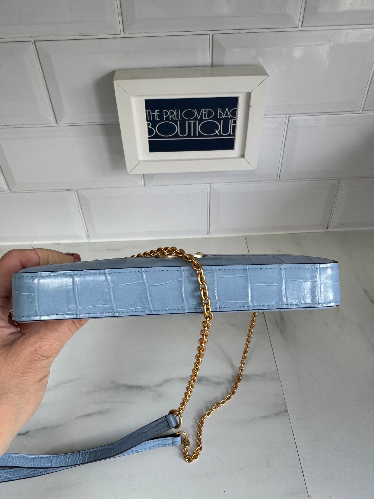 Mulberry Plaque WOC (wallet on a chain) - Cornflower Blue croc embossed