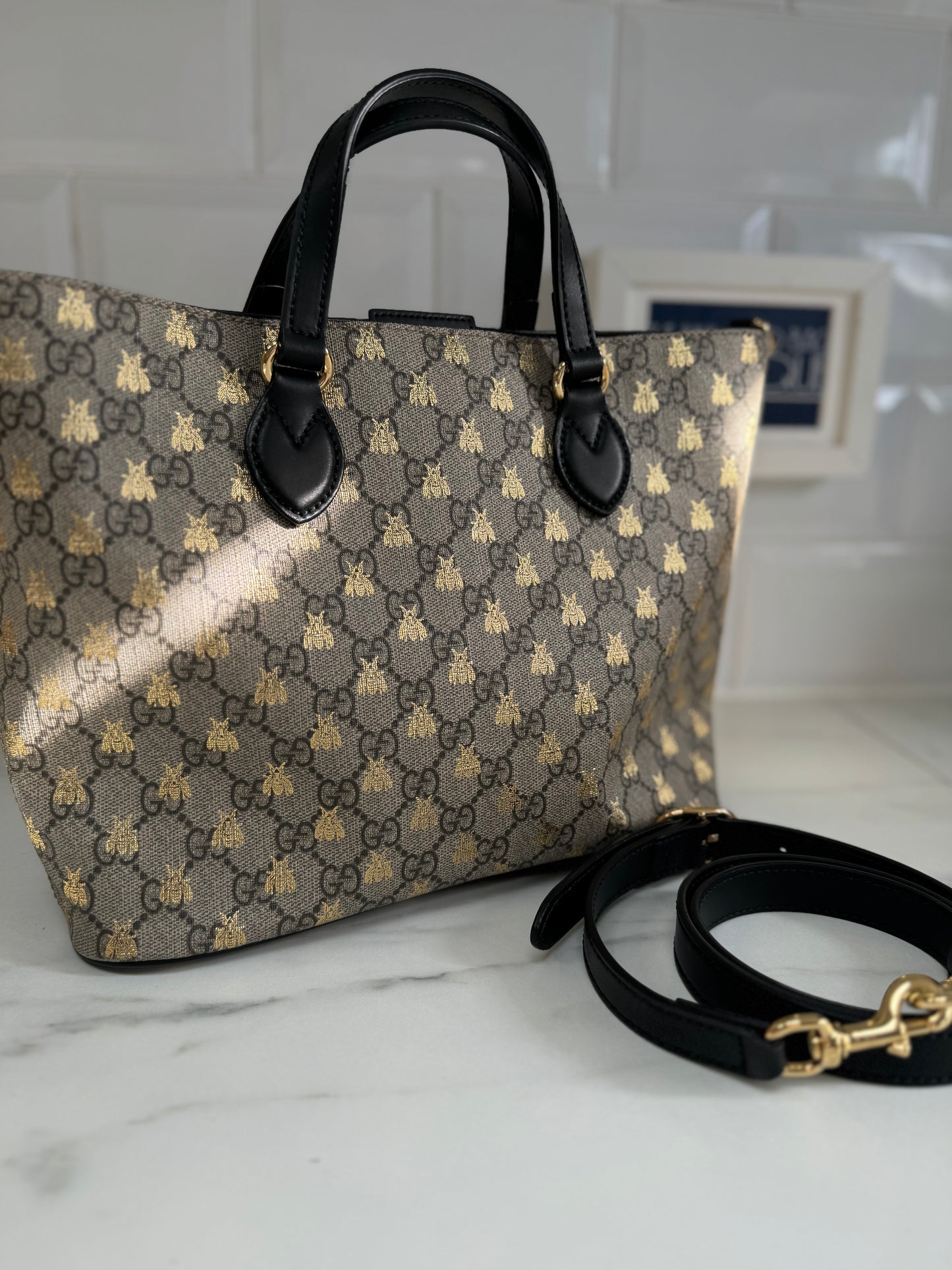 Gucci Limited Edition GGMonogram Supreme Bees Tote - Brown & Gold