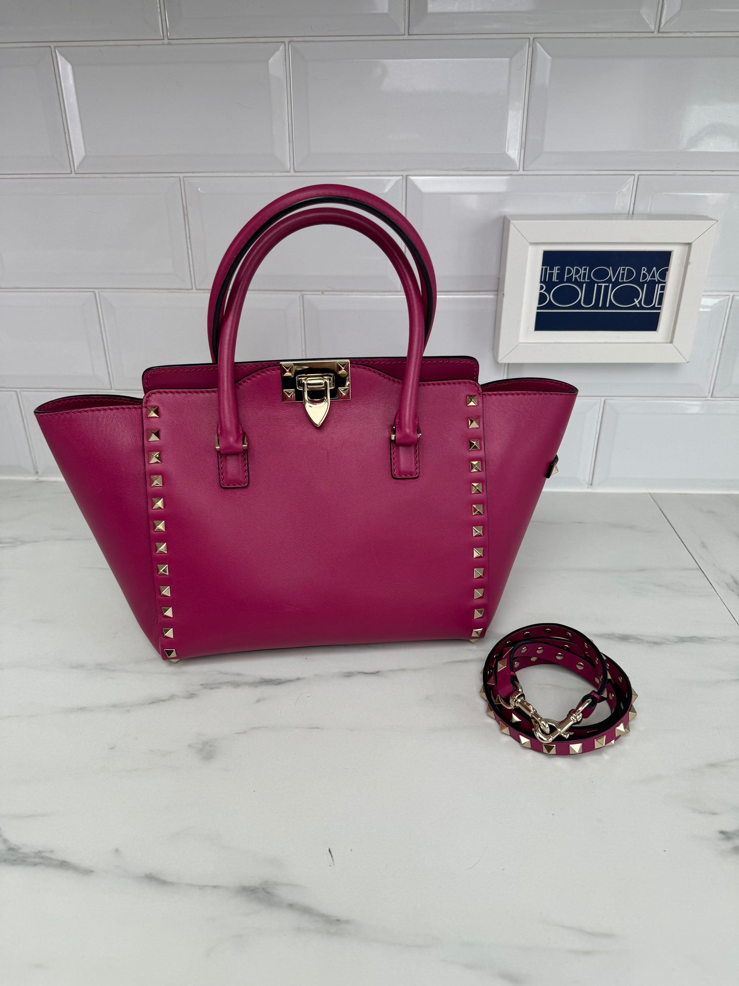 Valentino Rockstud Small Trapeze Tote - Magenta Pink