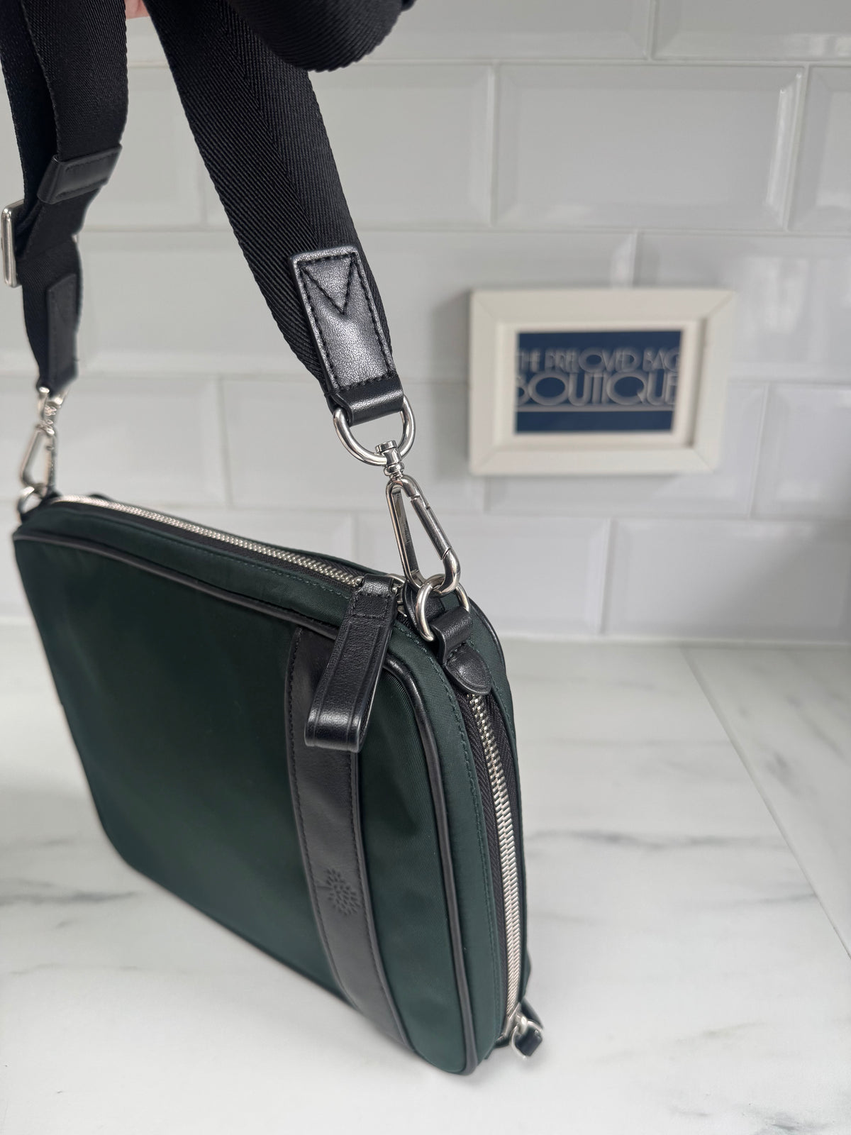 Mulberry Unisex Messenger Bag - Black and Mulberry Green Eco Nylon