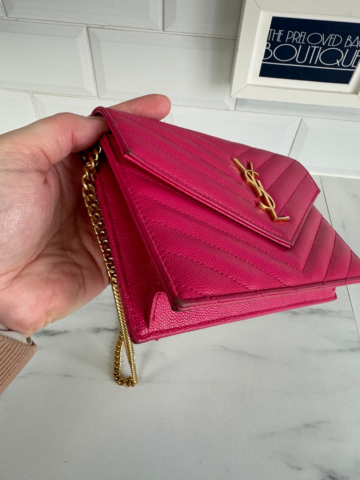 YSL/Saint Laurent Paris Cassandre Envelope Chain Wallet - Fuschia Pink