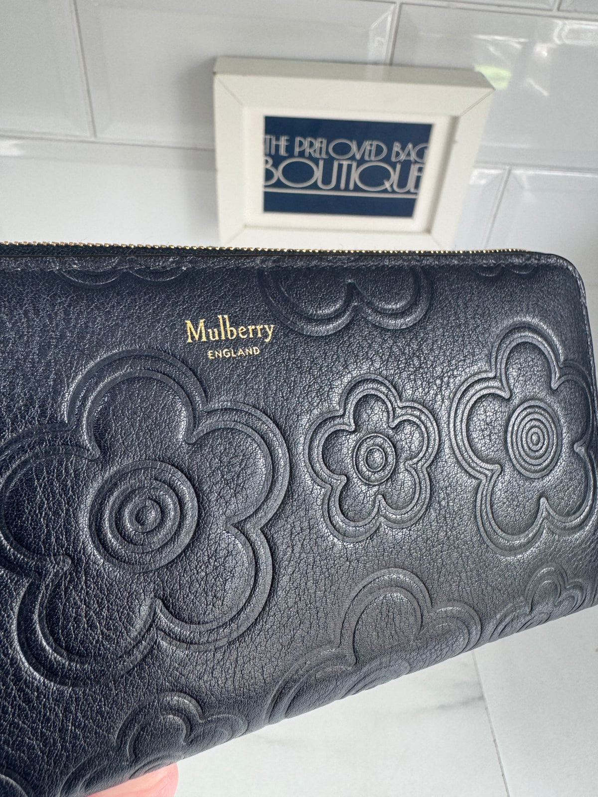 Mulberry Flower Embossed Long Zip around Purse and Card Holder - Navy Blue