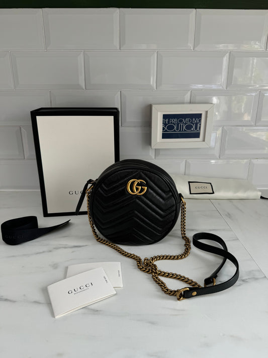 Gucci Marmont Matelassé Mini Round Bag - Black