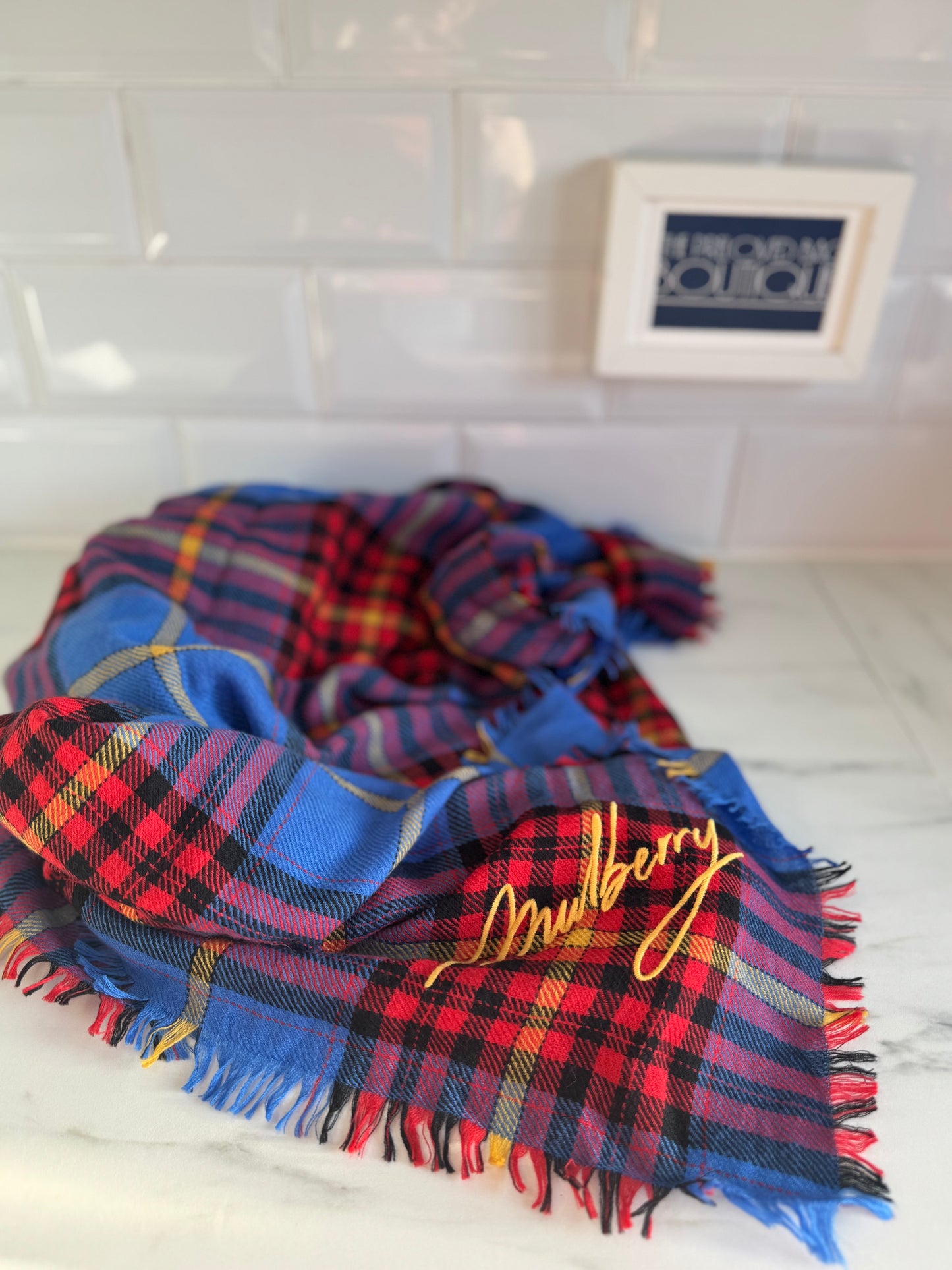 Mulberry Bright Check Light Wool Shawl/Scarf - Porcelain Blue, Yellow, Red and Black