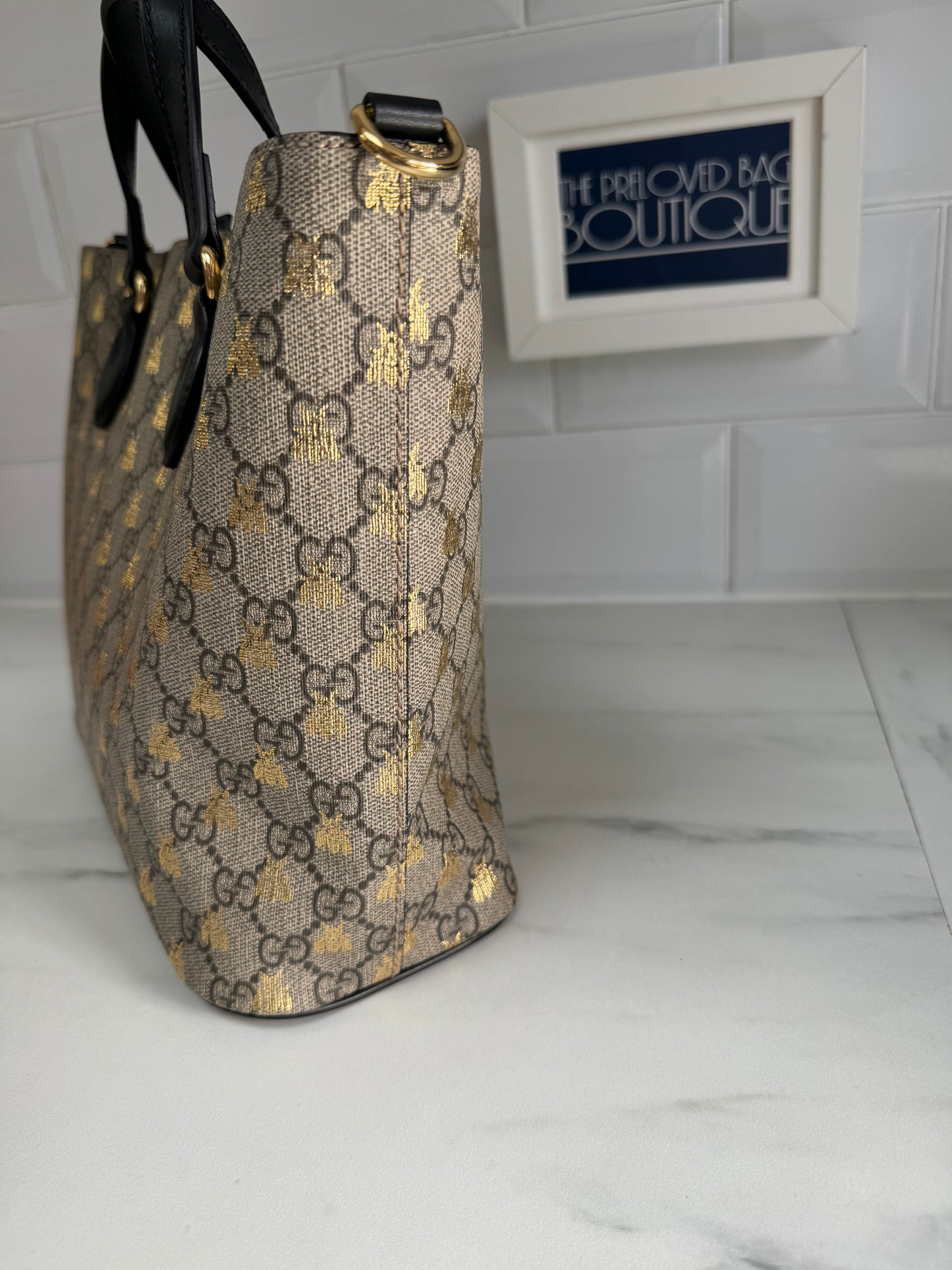 Gucci Limited Edition GGMonogram Supreme Bees Tote - Brown & Gold