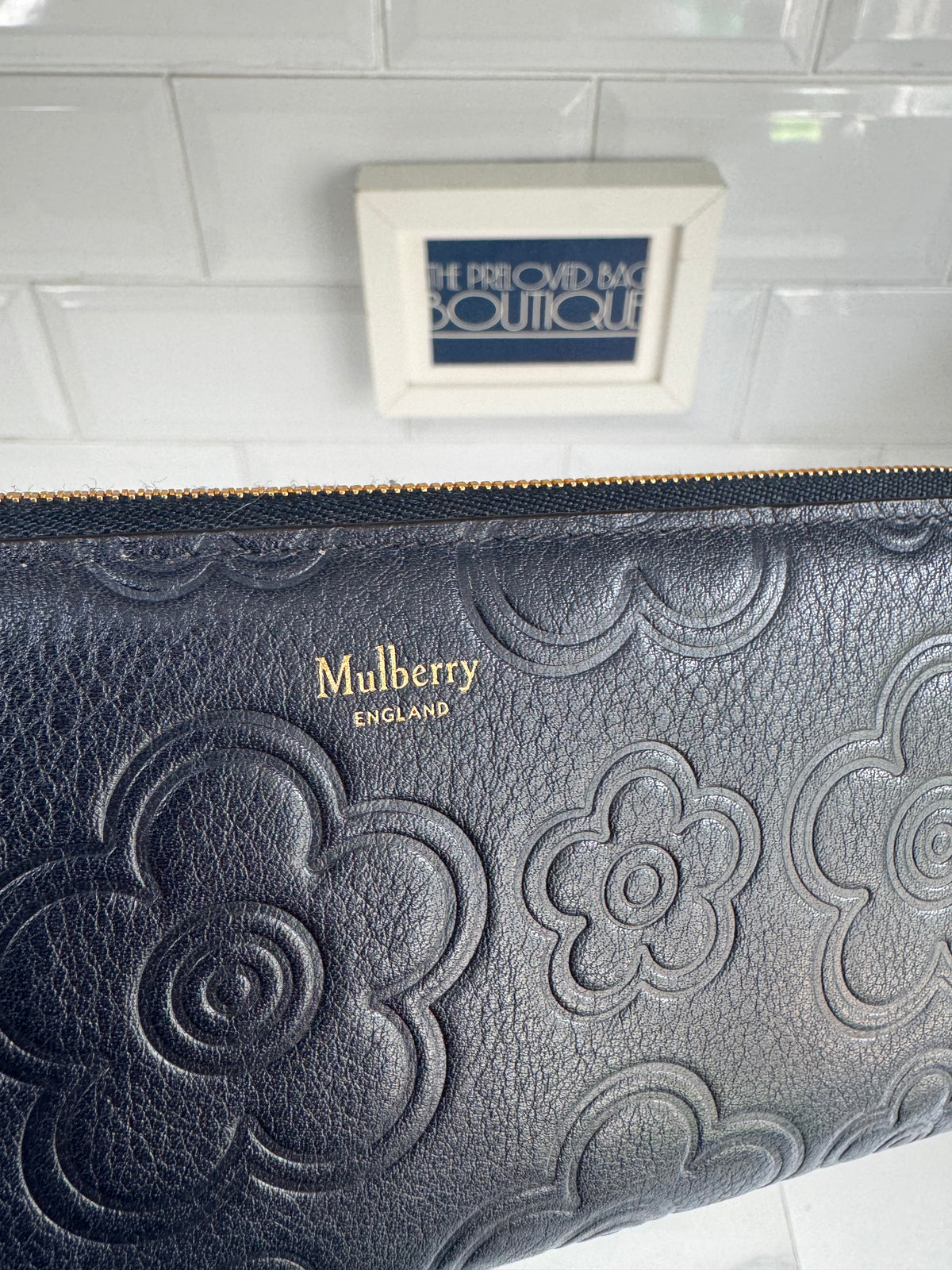 Mulberry Flower Embossed Long Zip around Purse and Card Holder - Navy Blue