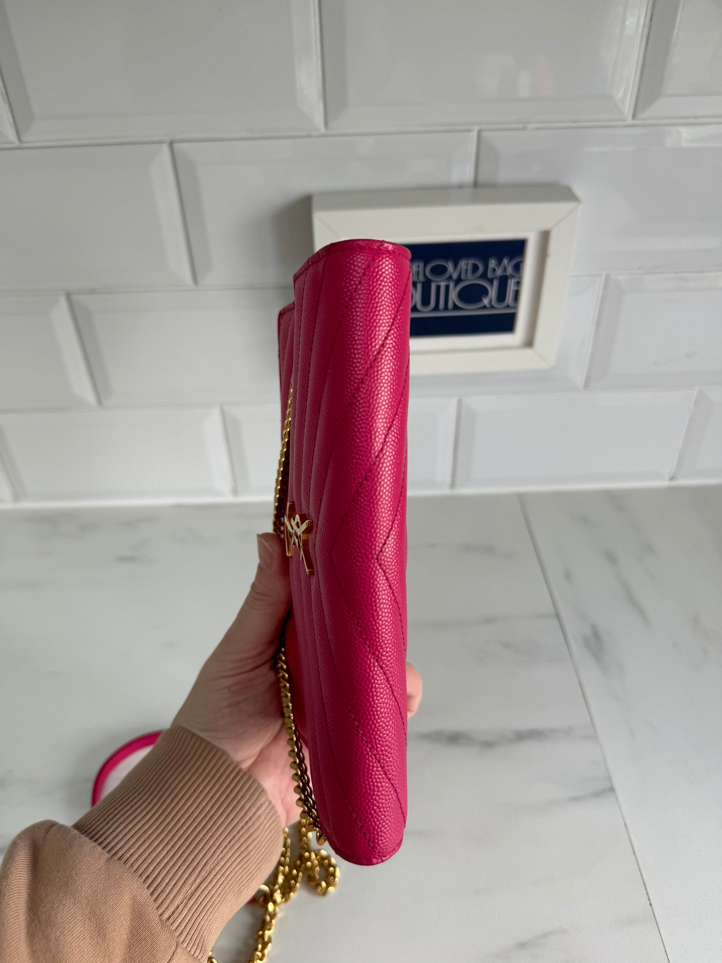 YSL/Saint Laurent Paris Cassandre Envelope Chain Wallet - Fuschia Pink