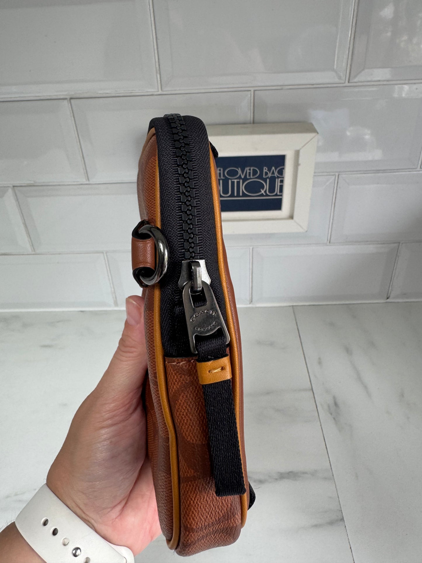 Coach North/South Hybrid Pouch in Signature Canvas - brown and red