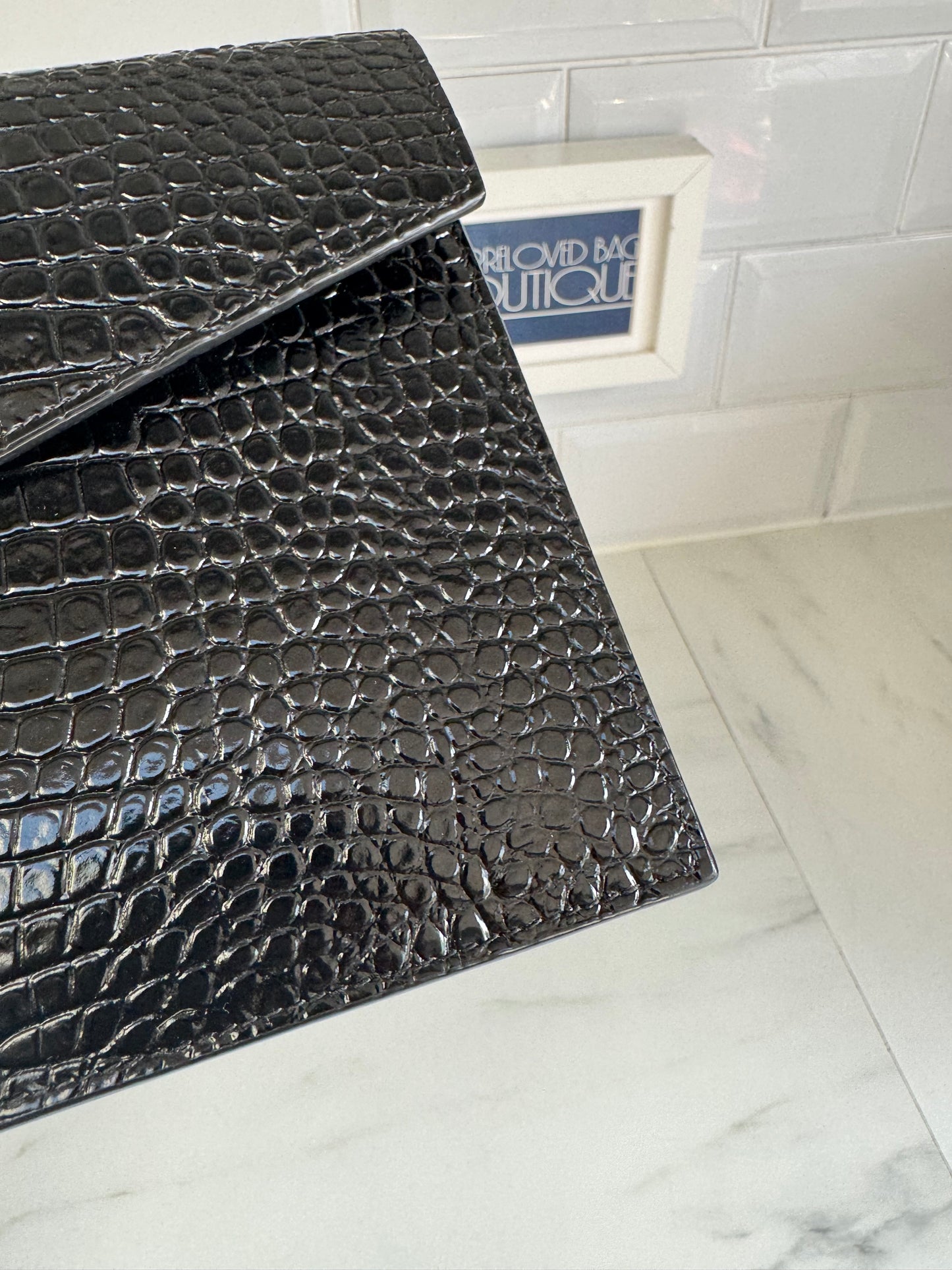 Saint Laurent (YSL) Croc Embossed Uptown Envelope Pouch - Black