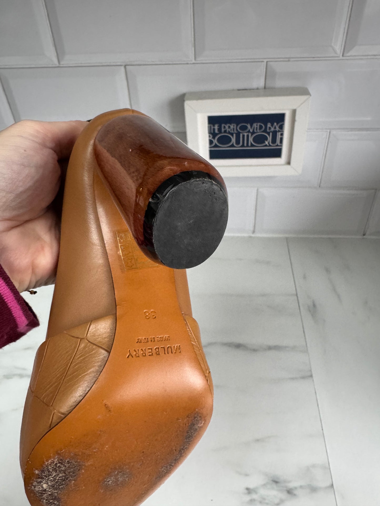 Mulberry Croc Nappa Leather Wooden Heels - Camel