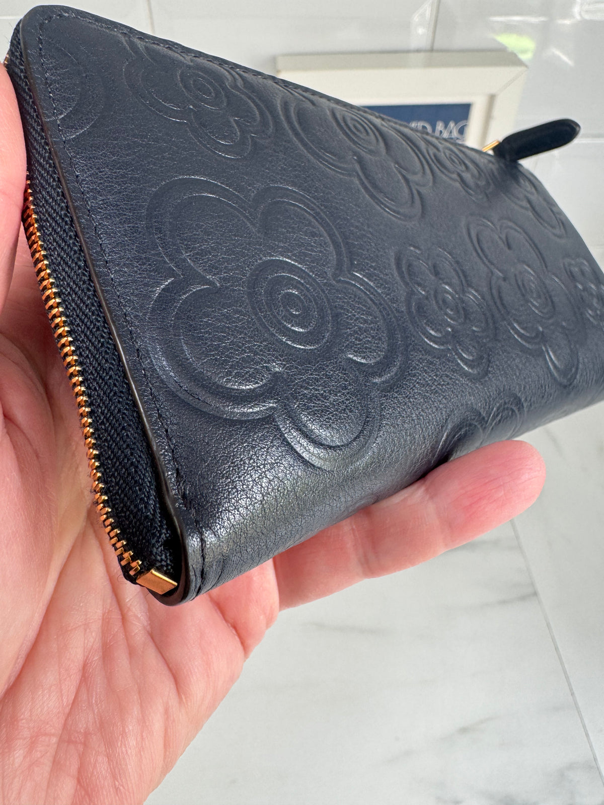 Mulberry Flower Embossed Long Zip around Purse and Card Holder - Navy Blue