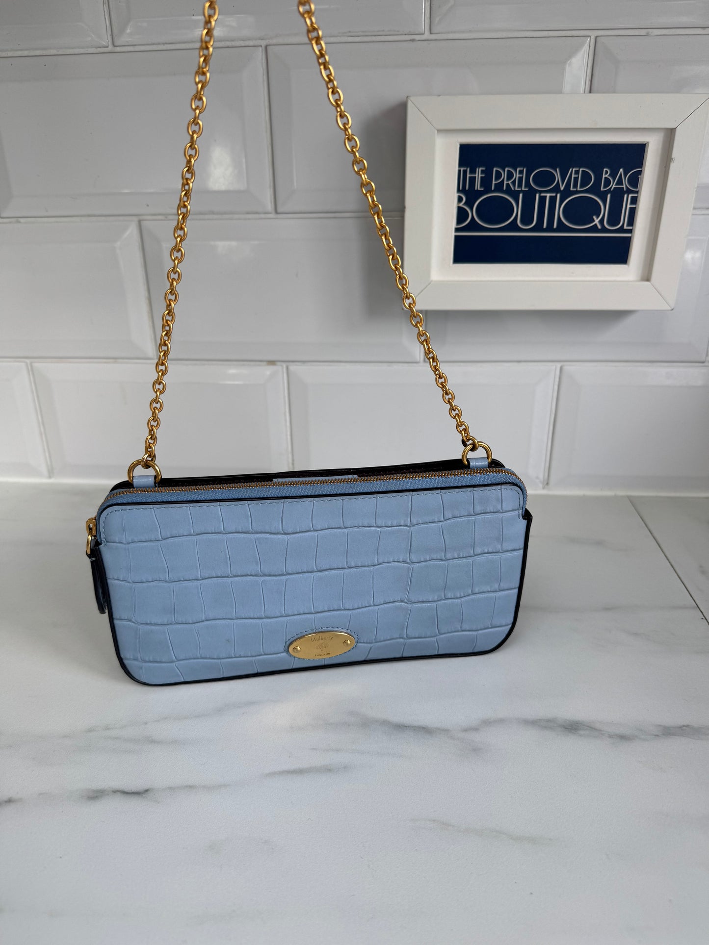Mulberry Plaque WOC (wallet on a chain) - Cornflower Blue croc embossed
