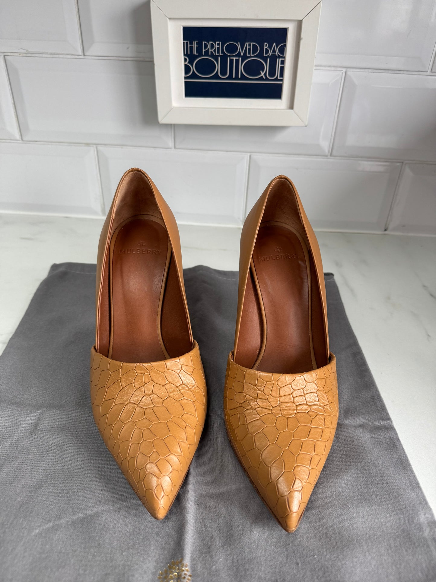 Mulberry Croc Nappa Leather Wooden Heels - Camel