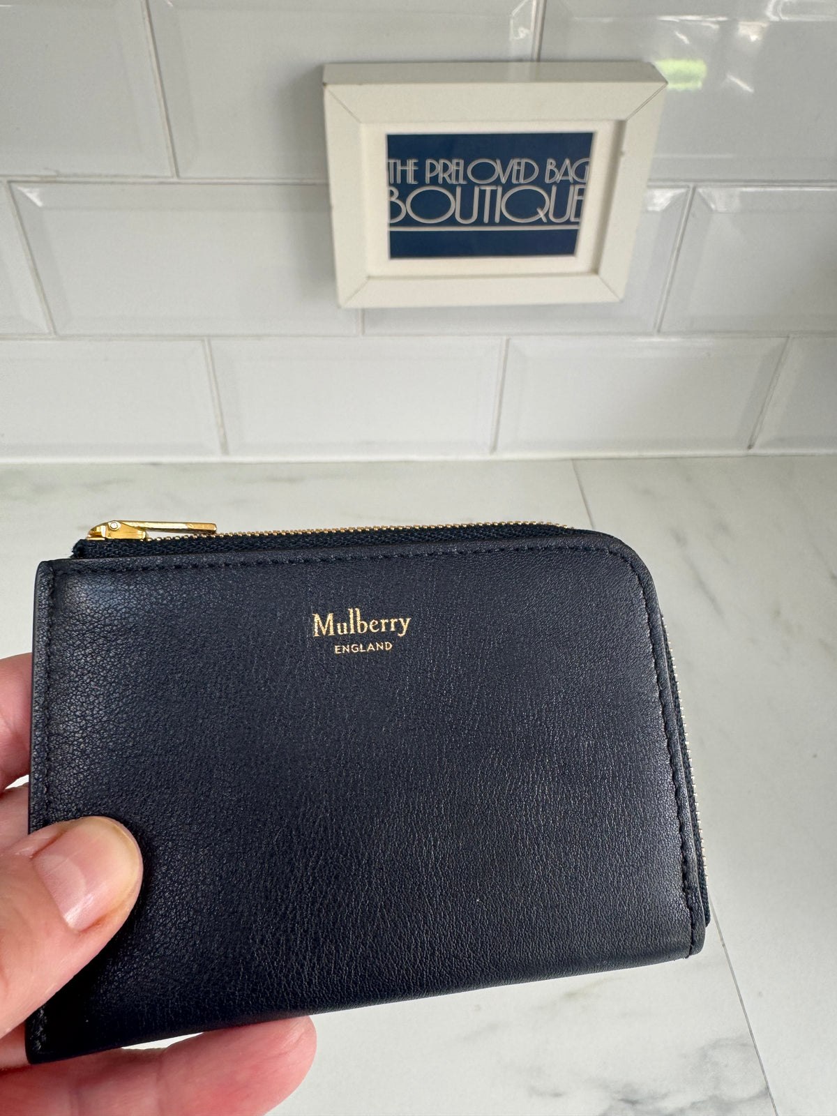Mulberry Flower Embossed Long Zip around Purse and Card Holder - Navy Blue