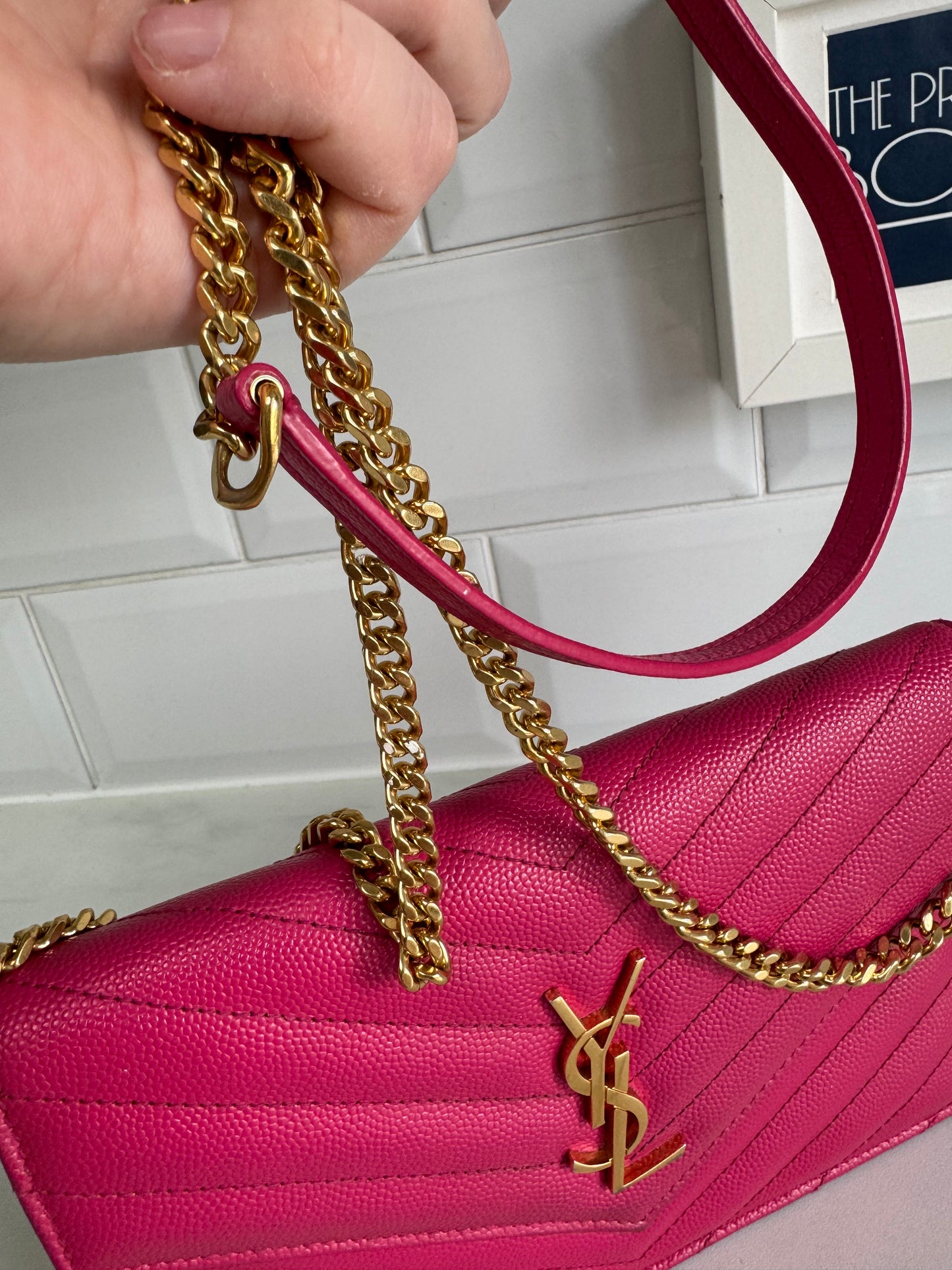 YSL/Saint Laurent Paris Cassandre Envelope Chain Wallet - Fuschia Pink