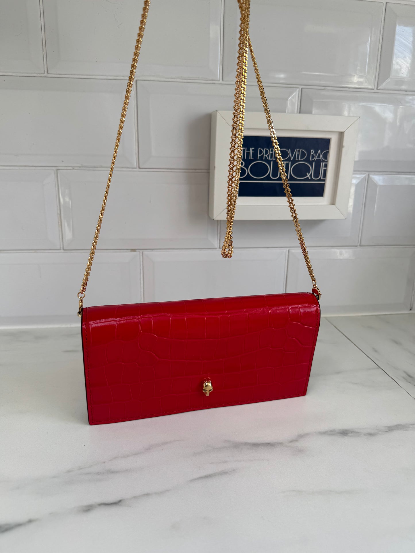 Alexander McQueen Small Skull Croc Embossed WOC - Red