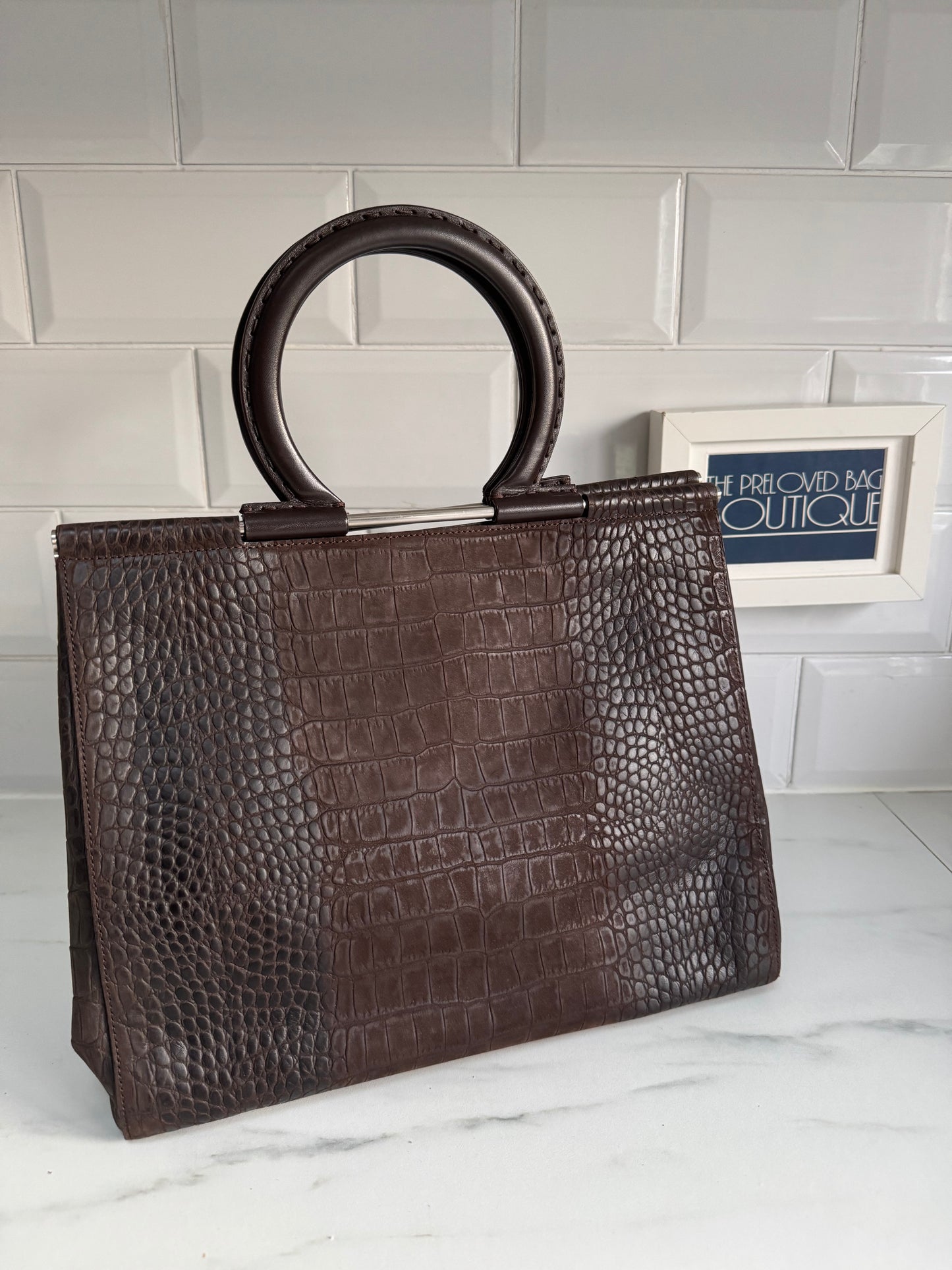 Salvatore Ferragamo Croc Embossed Tote - Chocolate brown