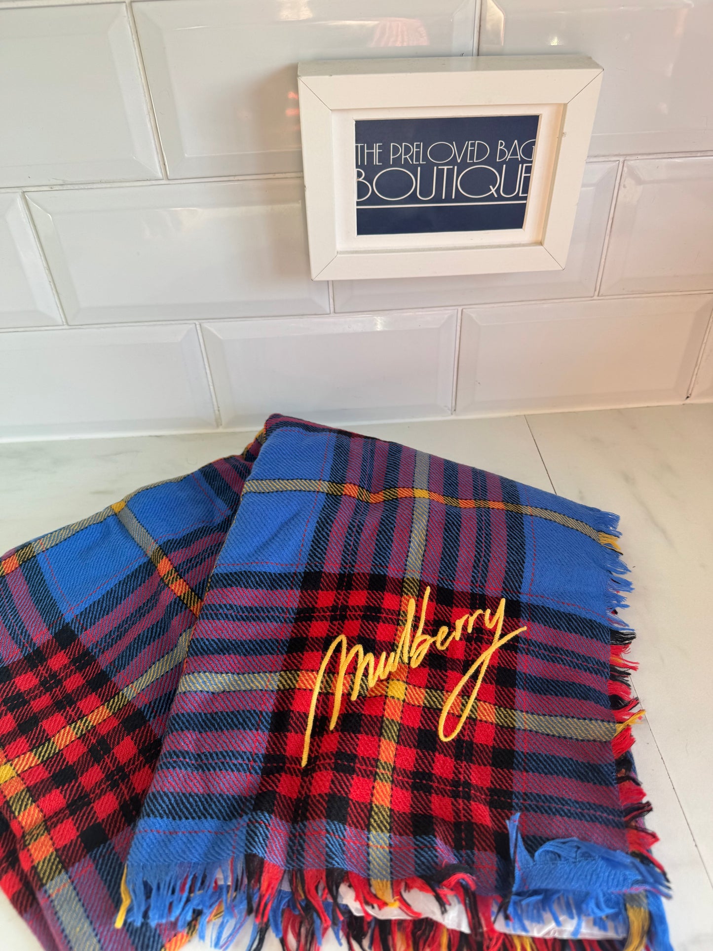 Mulberry Bright Check Light Wool Shawl/Scarf - Porcelain Blue, Yellow, Red and Black