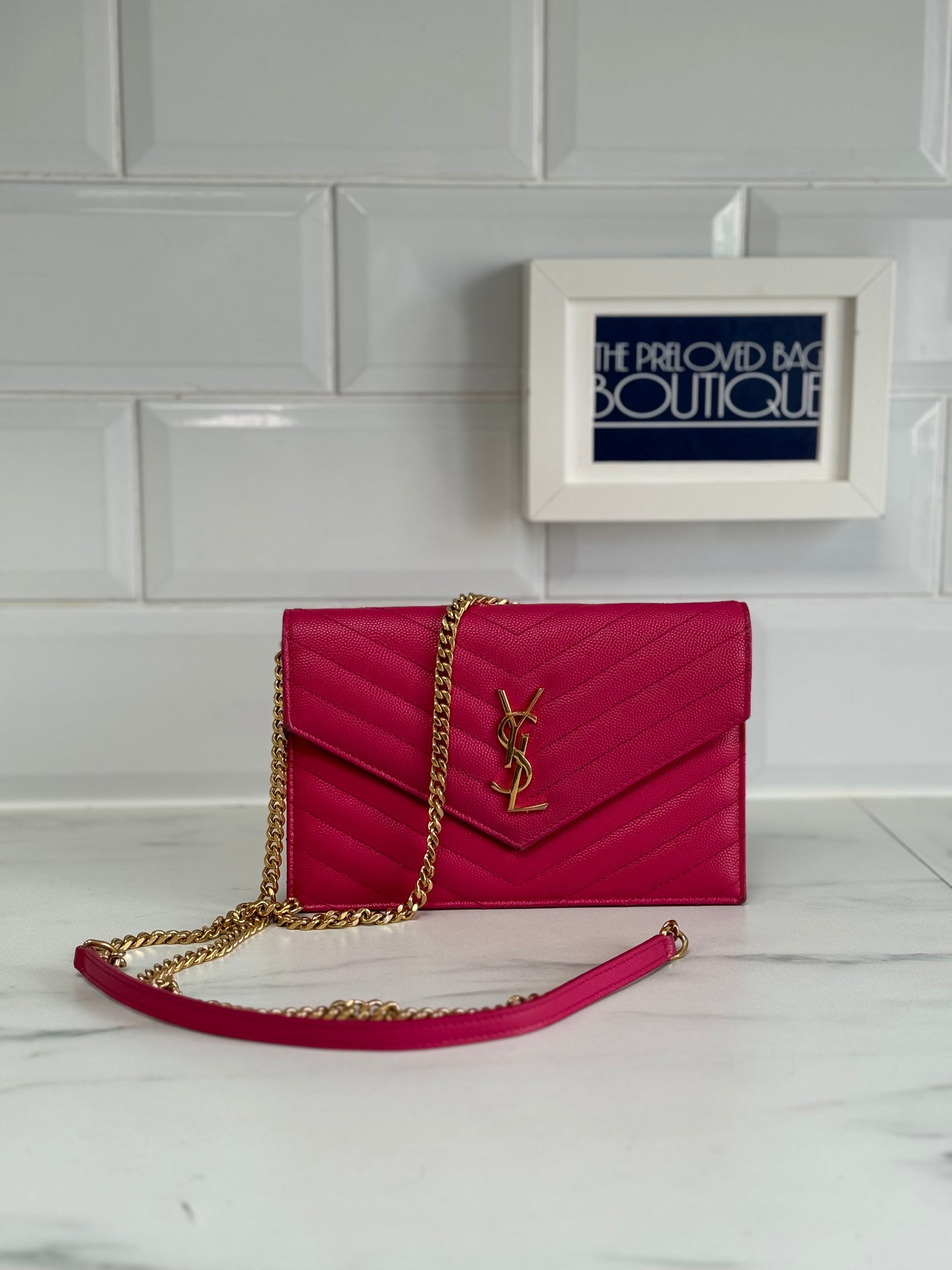 YSL/Saint Laurent Paris Cassandre Envelope Chain Wallet - Fuschia Pink