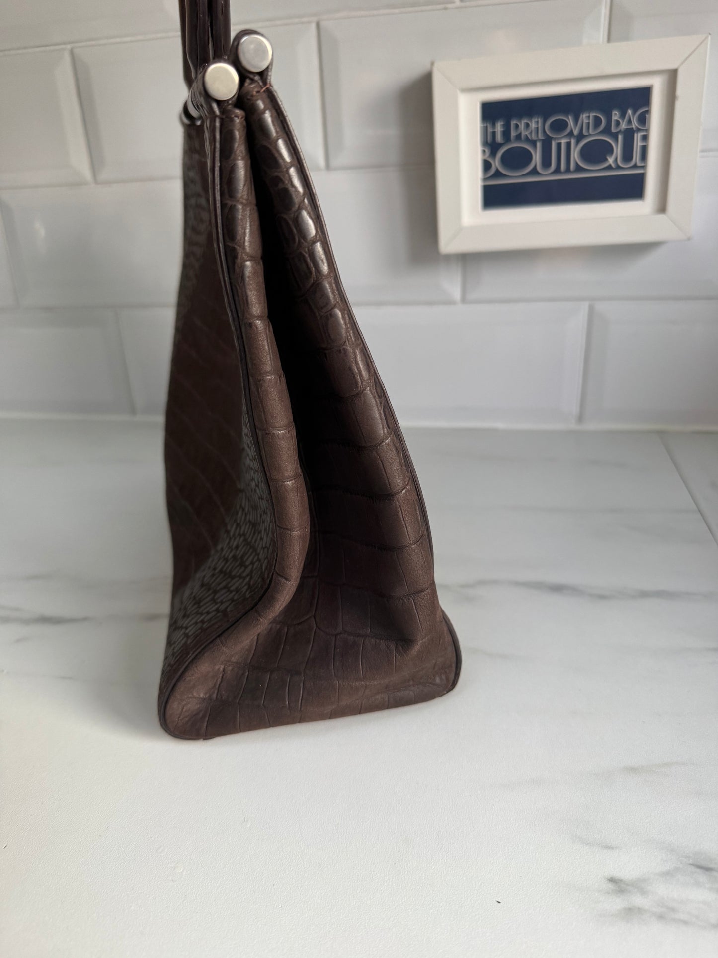 Salvatore Ferragamo Croc Embossed Tote - Chocolate brown