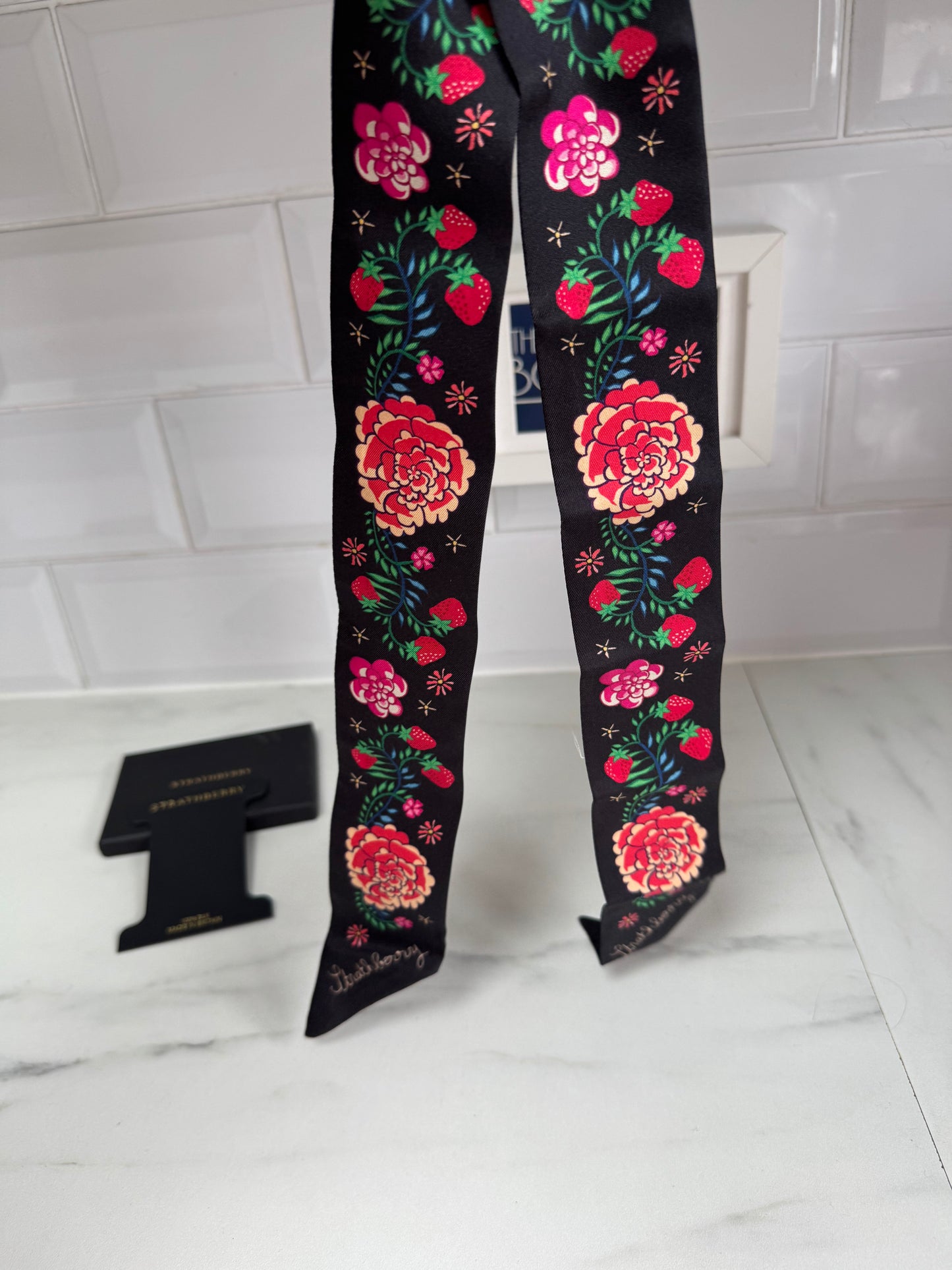 Strathberry Silk Scarf / Twilly - Black Floral