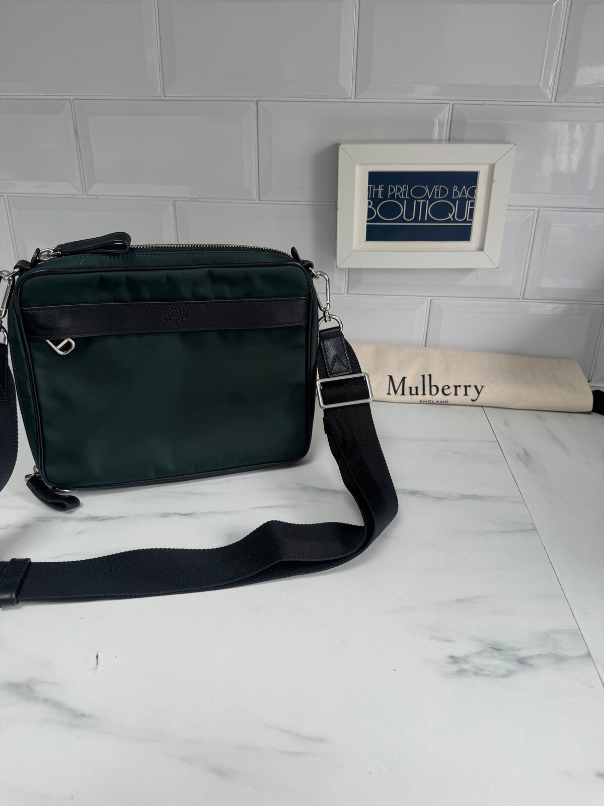 Mulberry Unisex Messenger Bag - Black and Mulberry Green Eco Nylon
