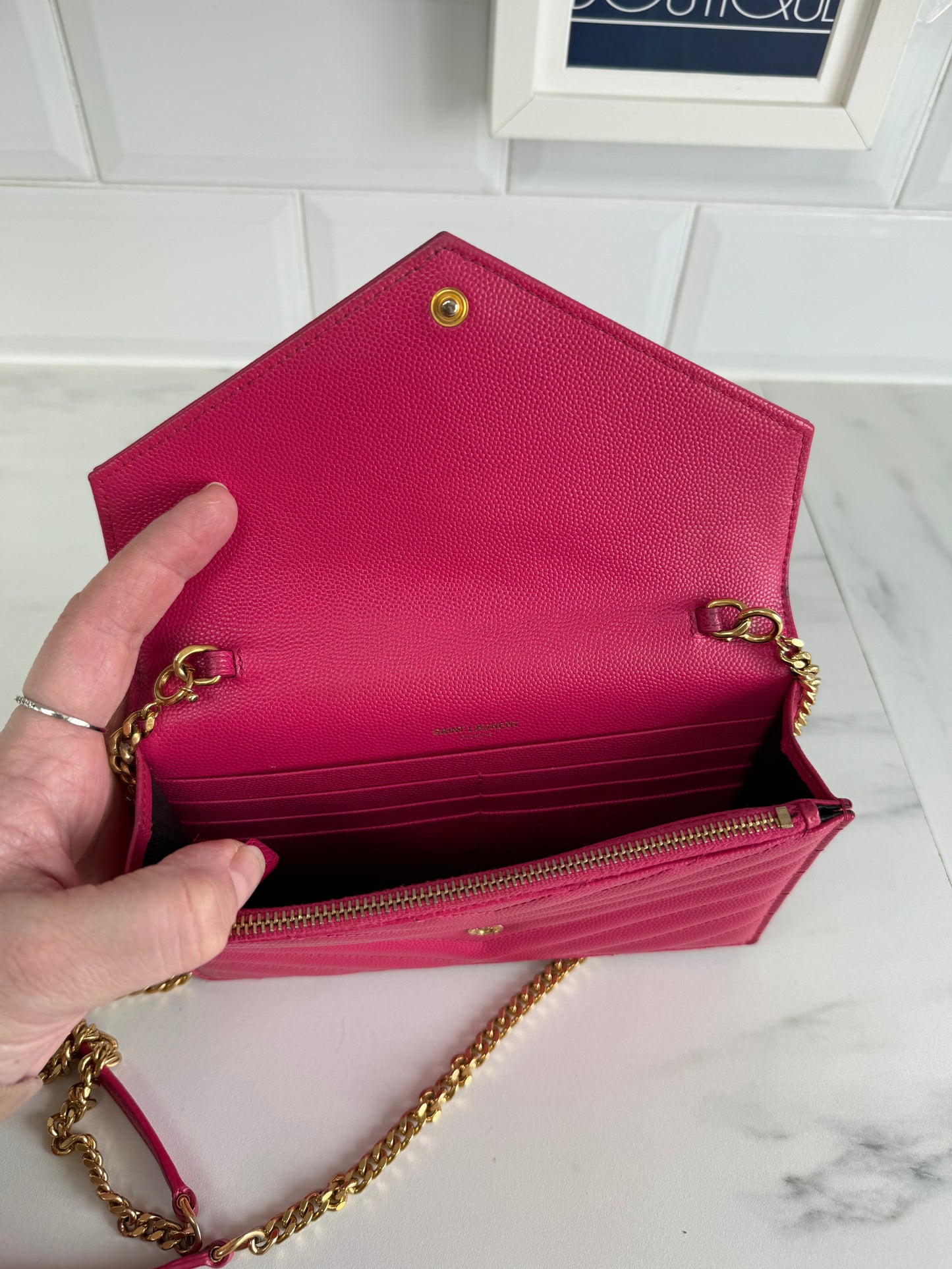 YSL/Saint Laurent Paris Cassandre Envelope Chain Wallet - Fuschia Pink