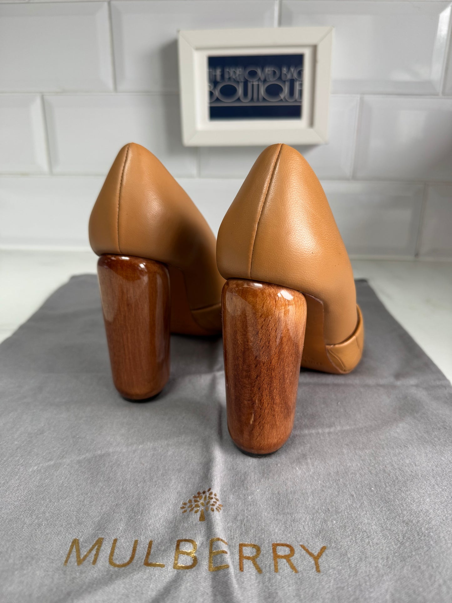 Mulberry Croc Nappa Leather Wooden Heels - Camel