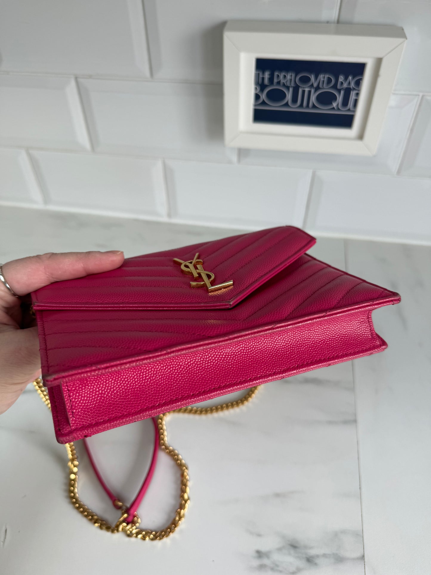 YSL/Saint Laurent Paris Cassandre Envelope Chain Wallet - Fuschia Pink