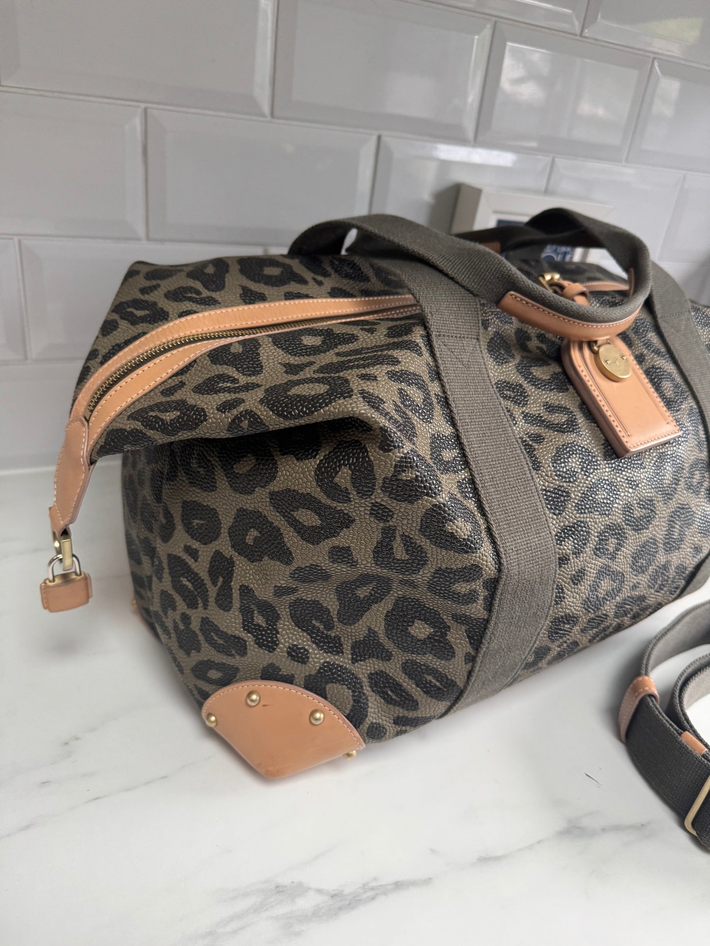 Mulberry Limited Edition Scotchgrain Birds Nest Large Clipper Holdall - Olive Green and Black Leopard Print