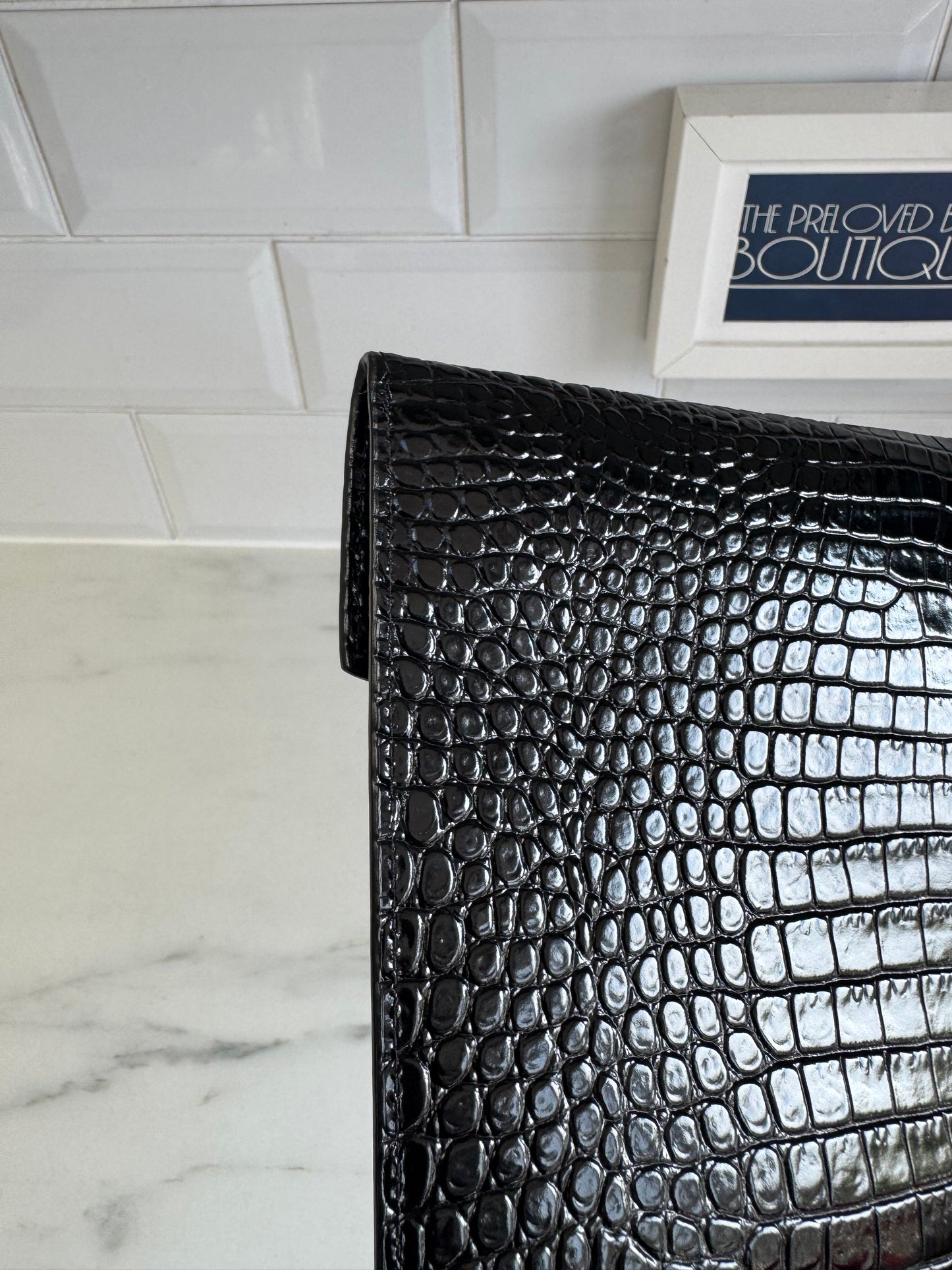 Saint Laurent (YSL) Croc Embossed Uptown Envelope Pouch - Black