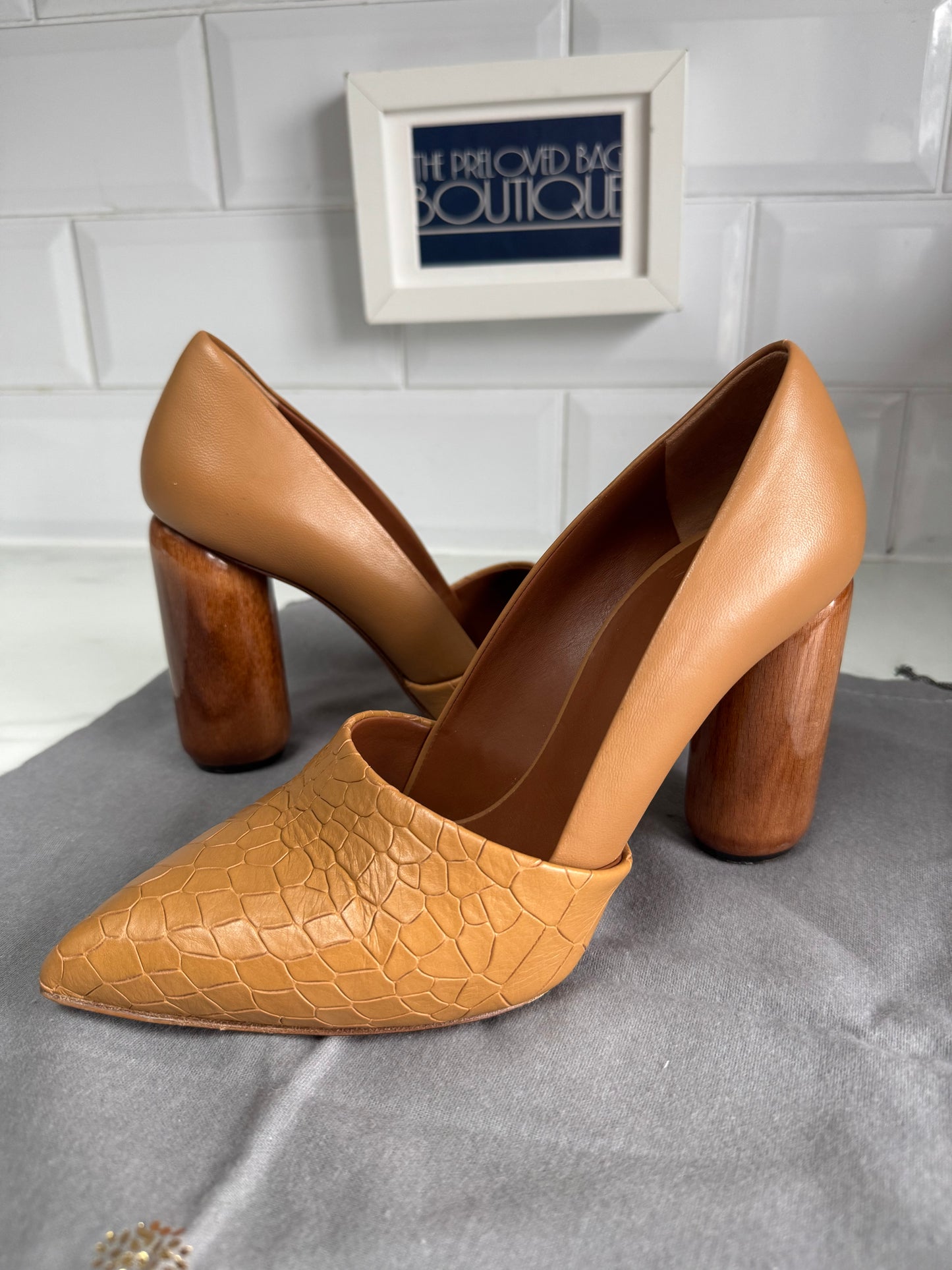 Mulberry Croc Nappa Leather Wooden Heels - Camel