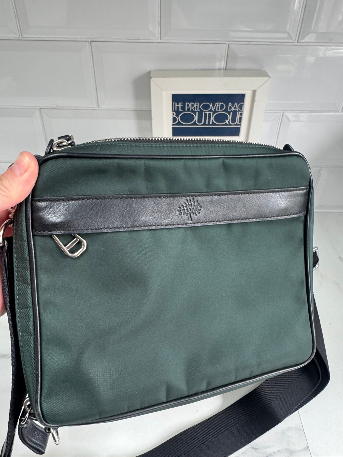 Mulberry Unisex Messenger Bag - Black and Mulberry Green Eco Nylon