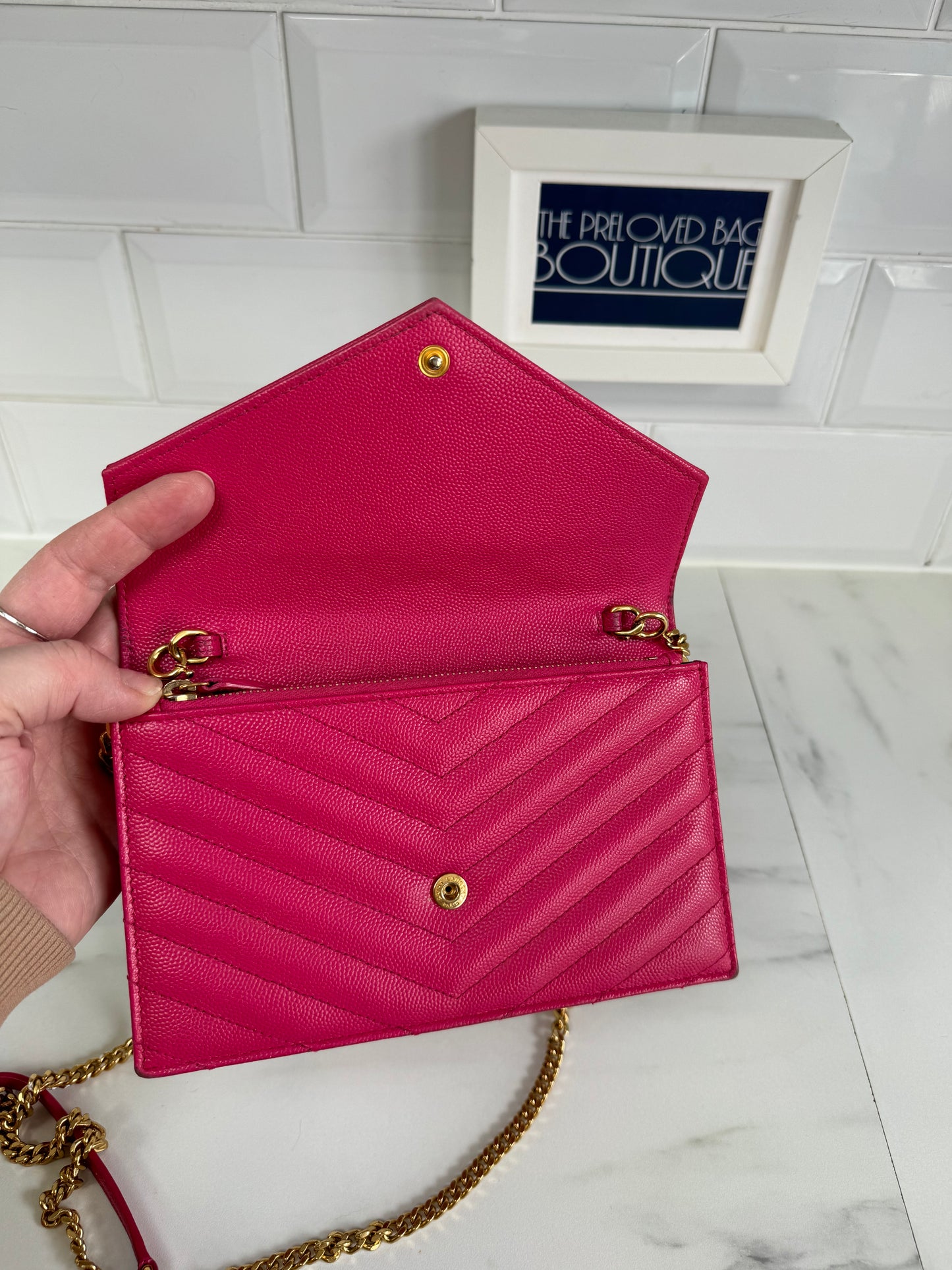 YSL/Saint Laurent Paris Cassandre Envelope Chain Wallet - Fuschia Pink