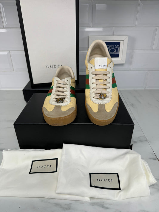 Gucci Calfskin Suede Web Sneakers - Oatmeal, white & Sand