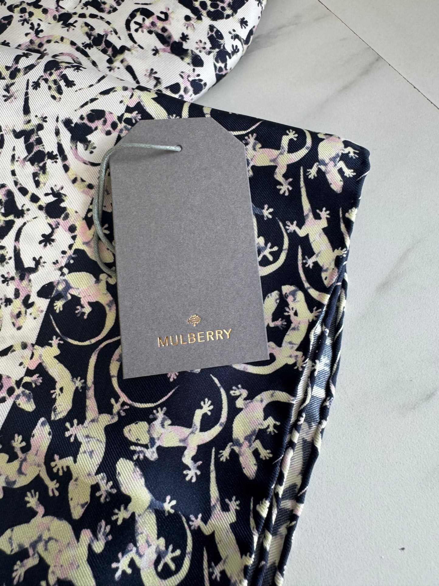 Mulberry Limited Edition Silk Square Scarf Gecko Print - Blue, Cream, Pink