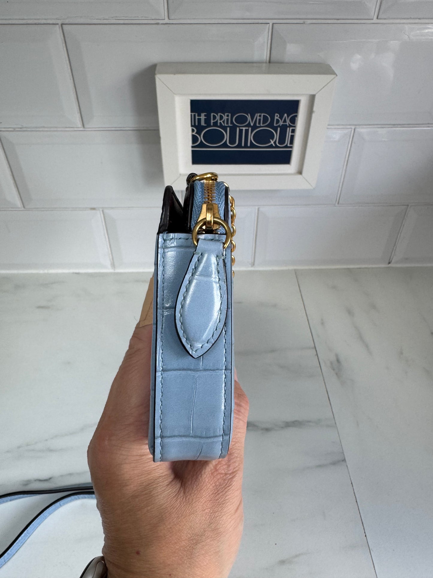 Mulberry Plaque WOC (wallet on a chain) - Cornflower Blue croc embossed