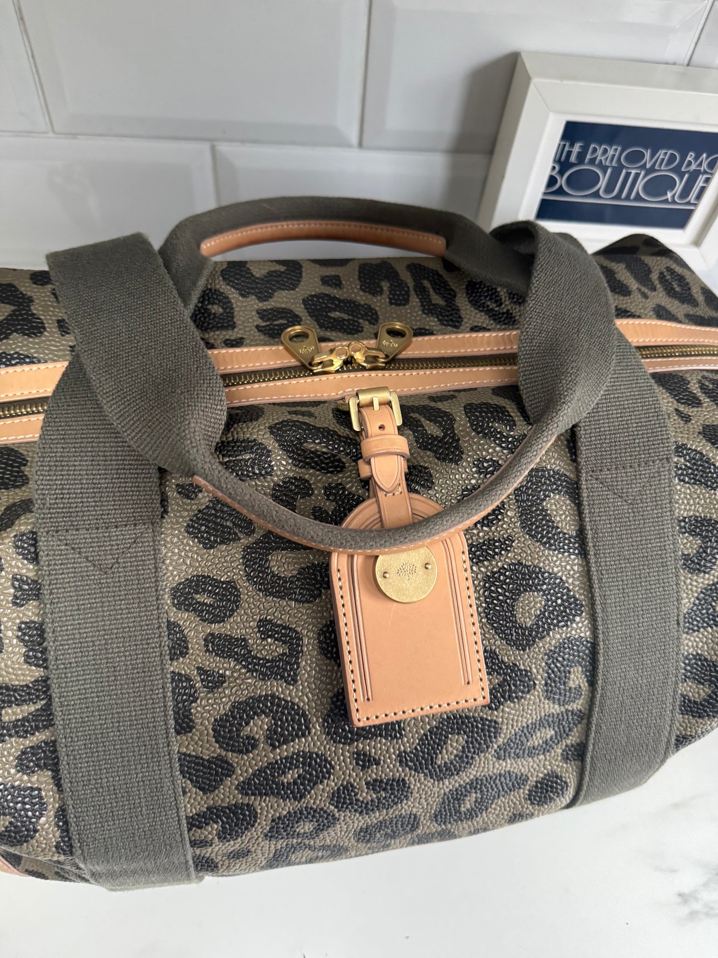 Mulberry Limited Edition Scotchgrain Birds Nest Large Clipper Holdall - Olive Green and Black Leopard Print