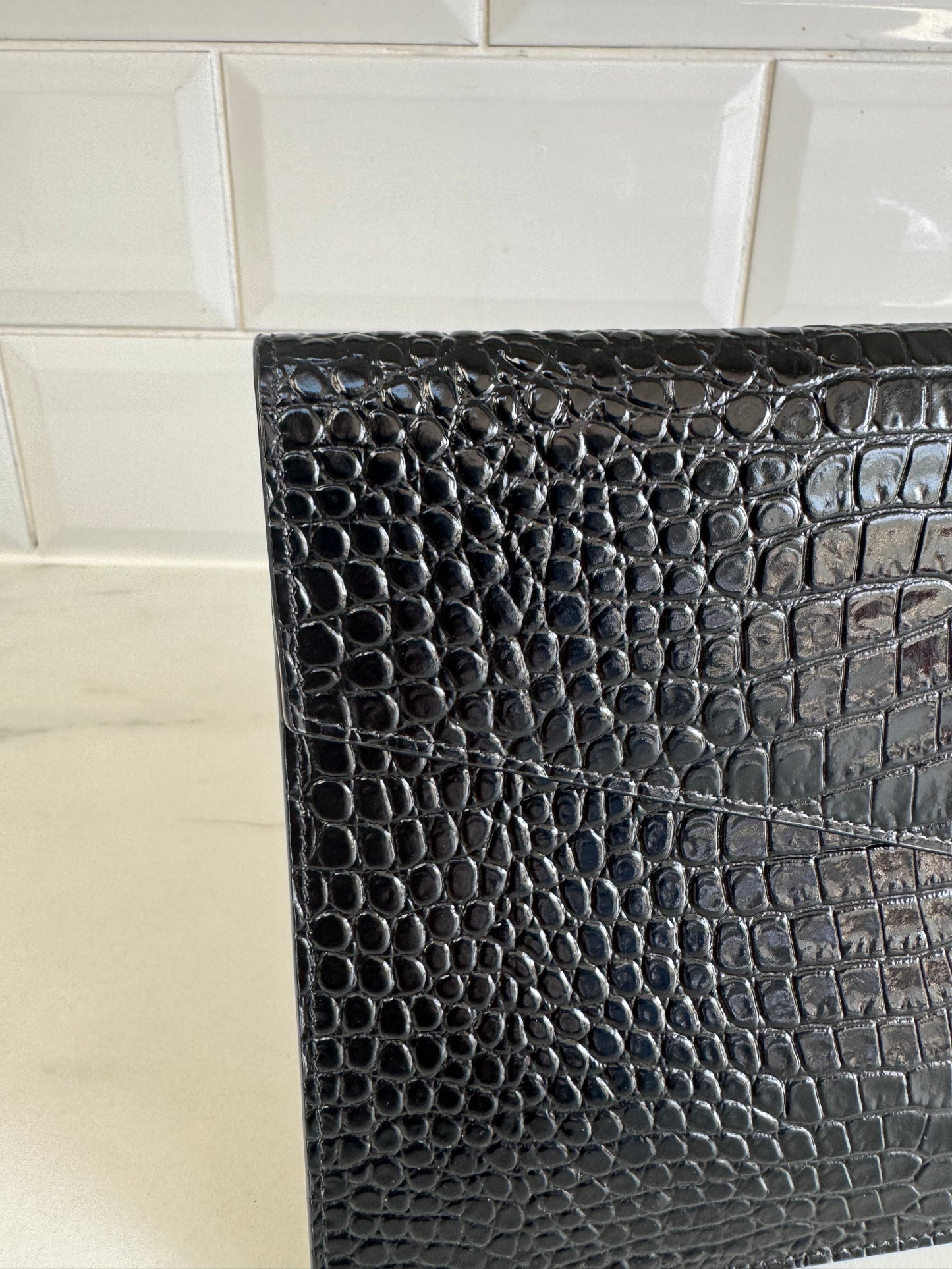 Saint Laurent (YSL) Croc Embossed Uptown Envelope Pouch - Black