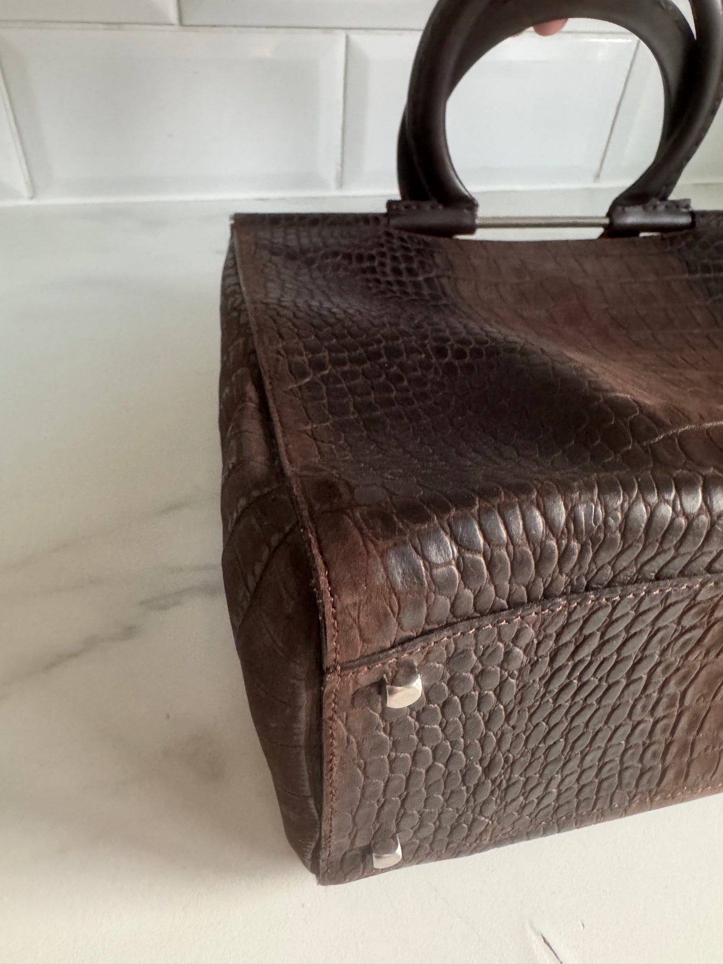 Salvatore Ferragamo Croc Embossed Tote - Chocolate brown