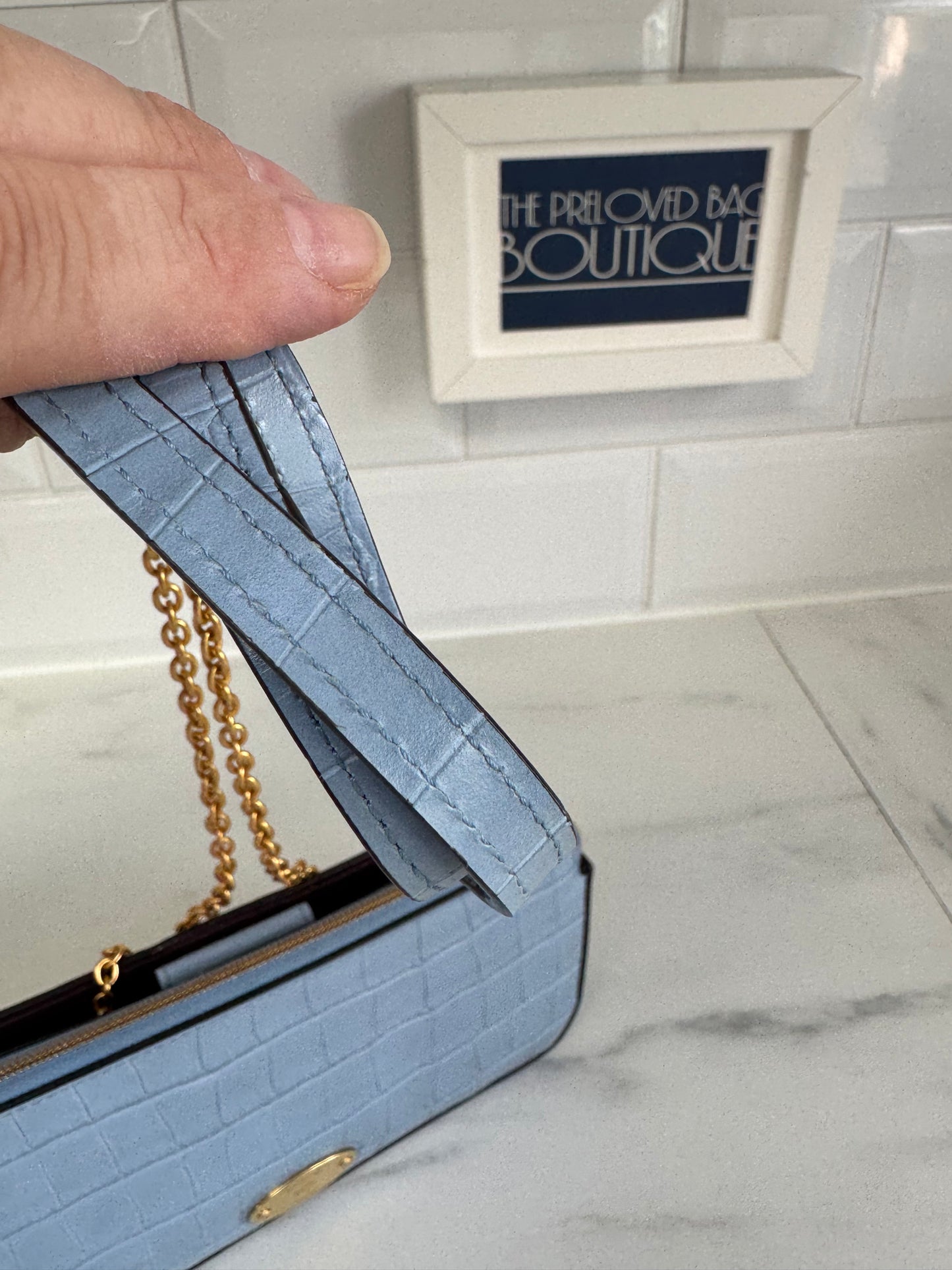 Mulberry Plaque WOC (wallet on a chain) - Cornflower Blue croc embossed